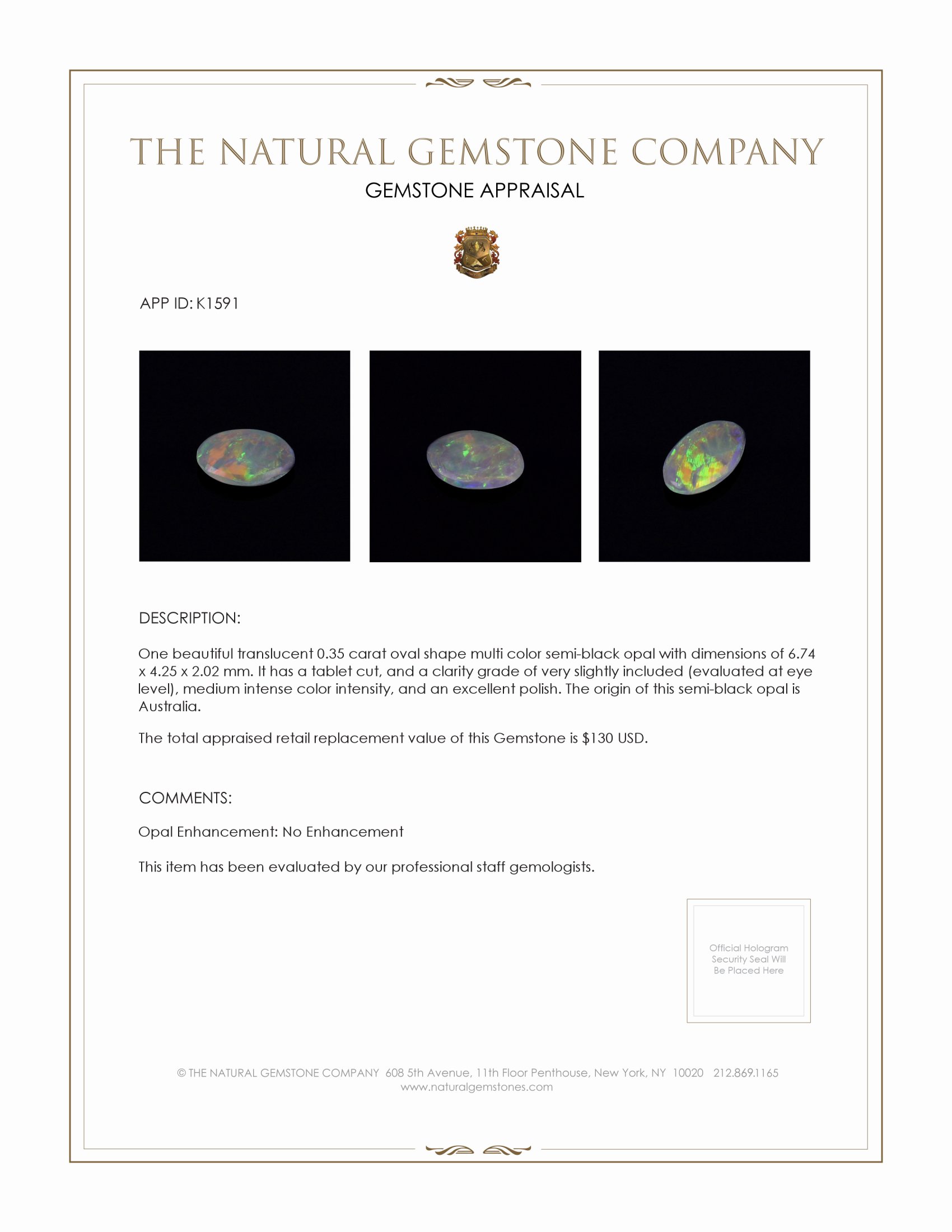 0.35 Ct. Semi-Black Opal from Australia