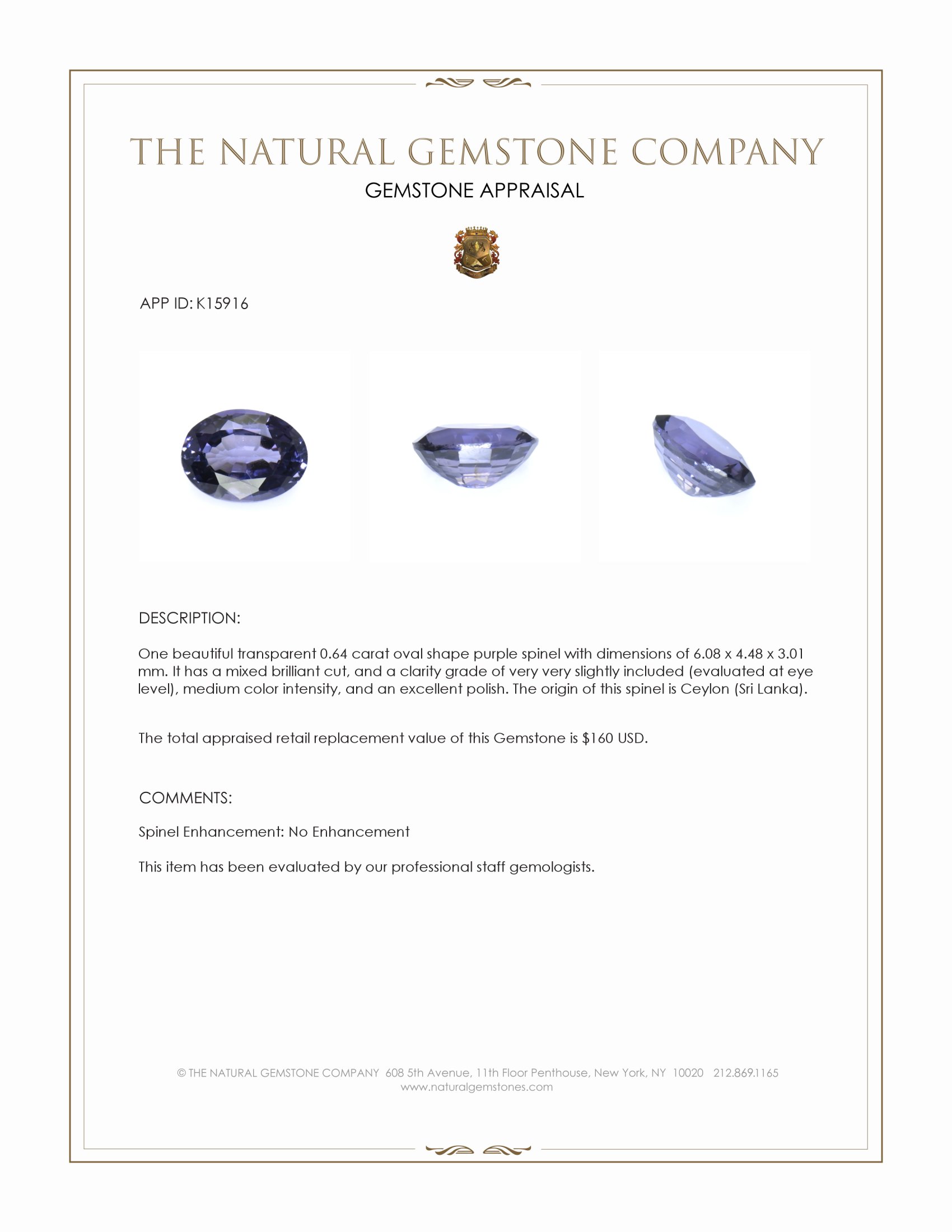 0.64 Ct. Purple Spinel from Ceylon (Sri Lanka)