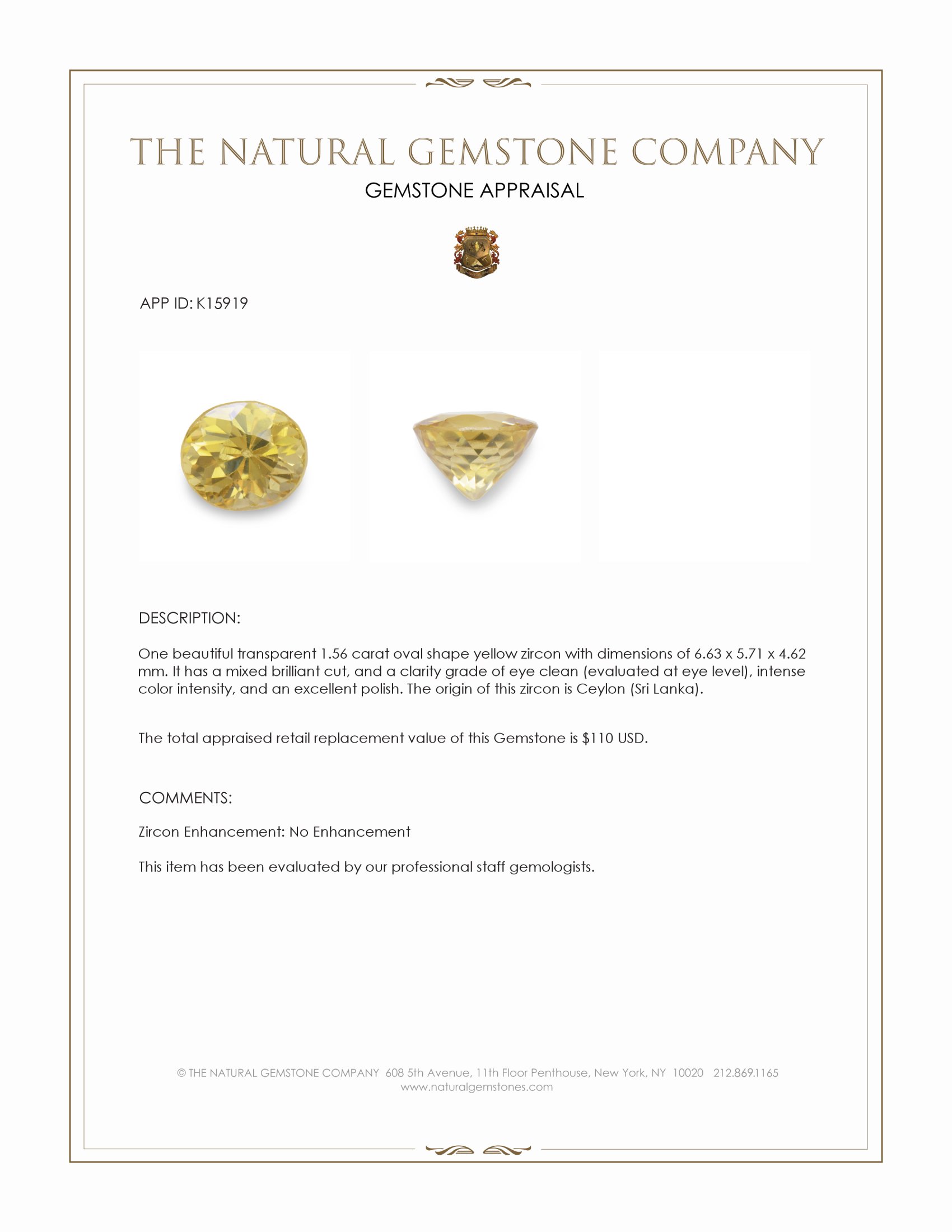 1.56 Ct. Yellow Zircon from Ceylon (Sri Lanka)