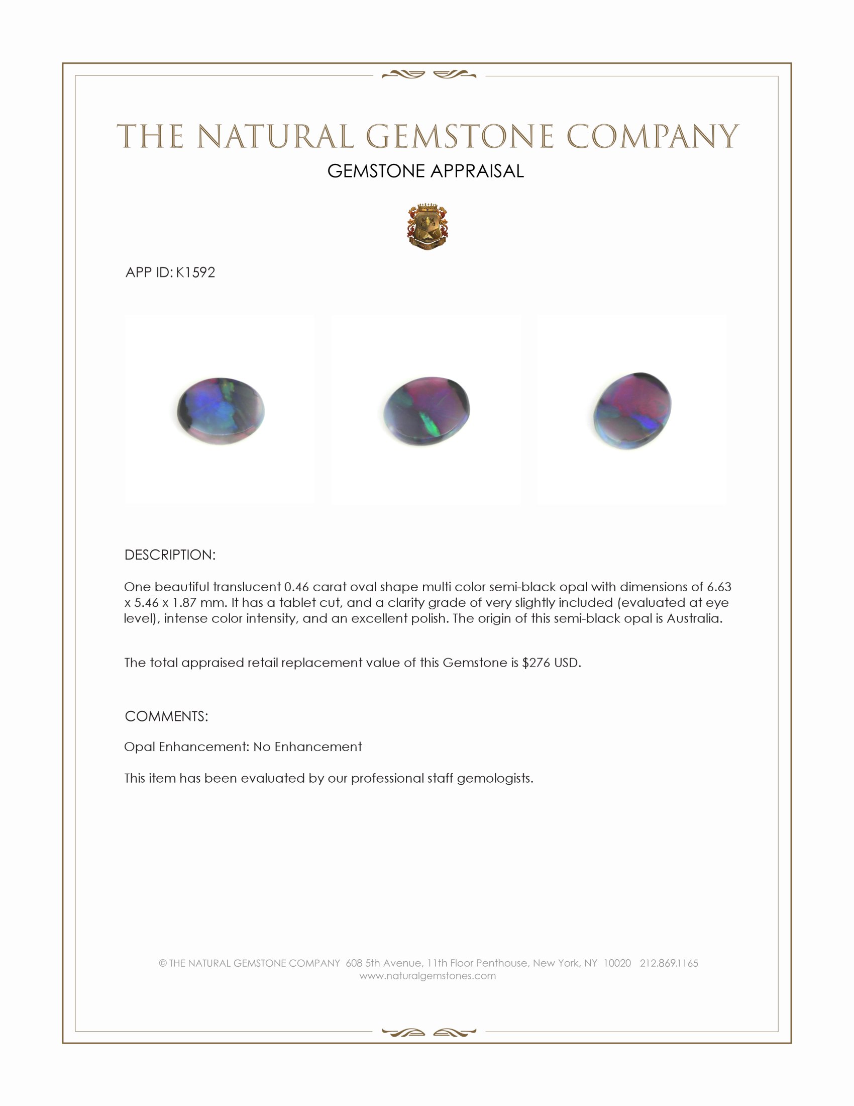 0.46 Ct. Semi-Black Opal from Australia