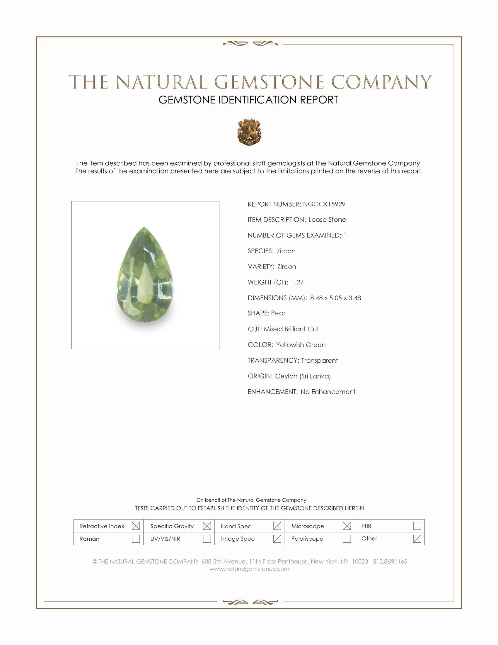 1.27 Ct. Yellowish Green Zircon from Ceylon (Sri Lanka)