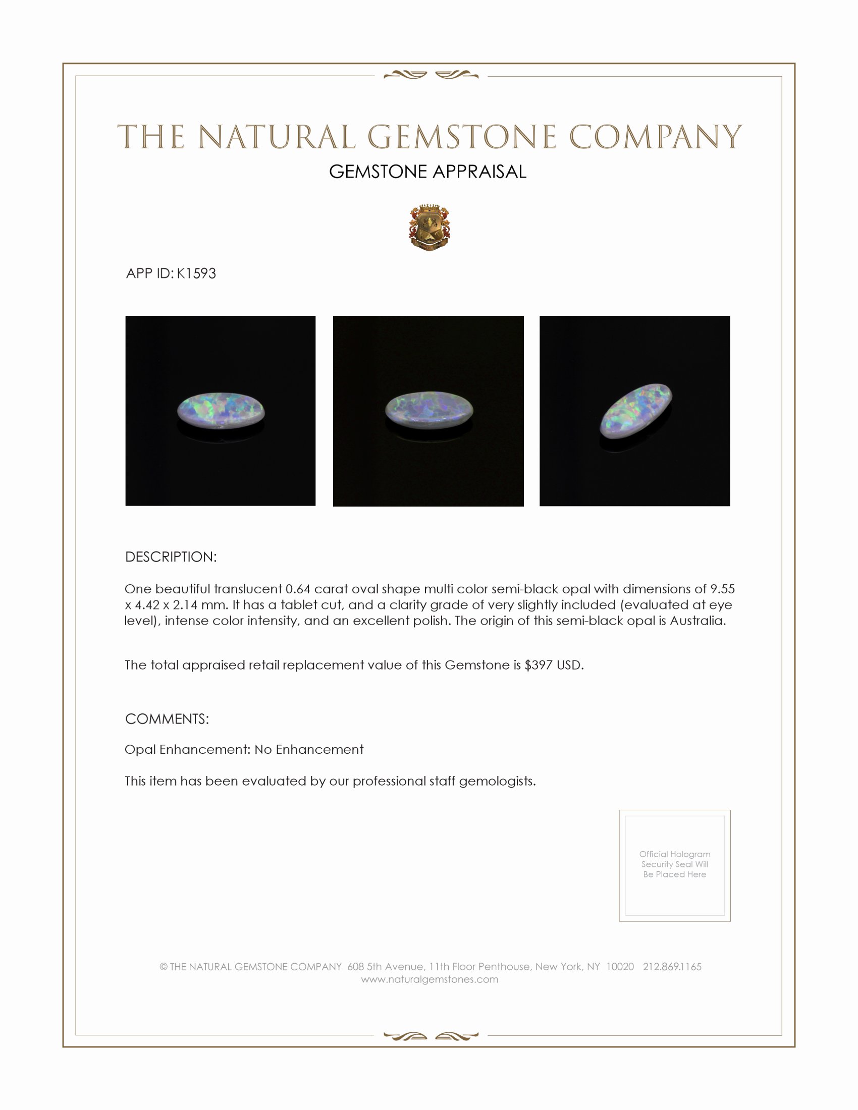 0.64 Ct. Semi-Black Opal from Australia