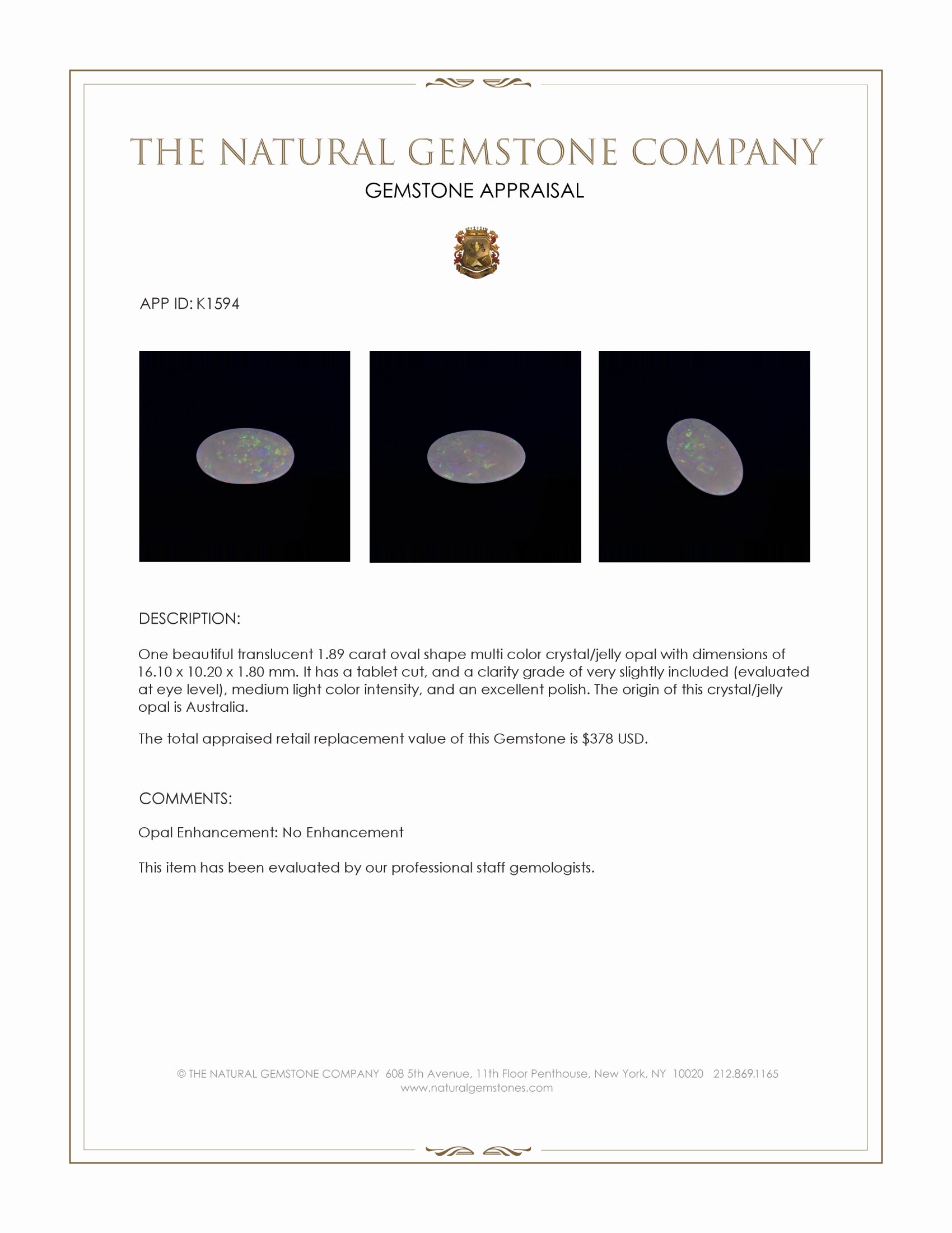 1.89 Ct. Crystal/Jelly Opal from Australia