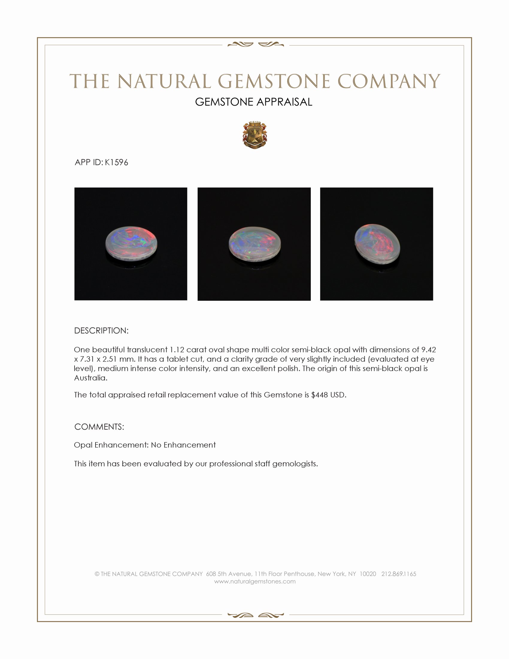 1.12 Ct. Semi-Black Opal from Australia