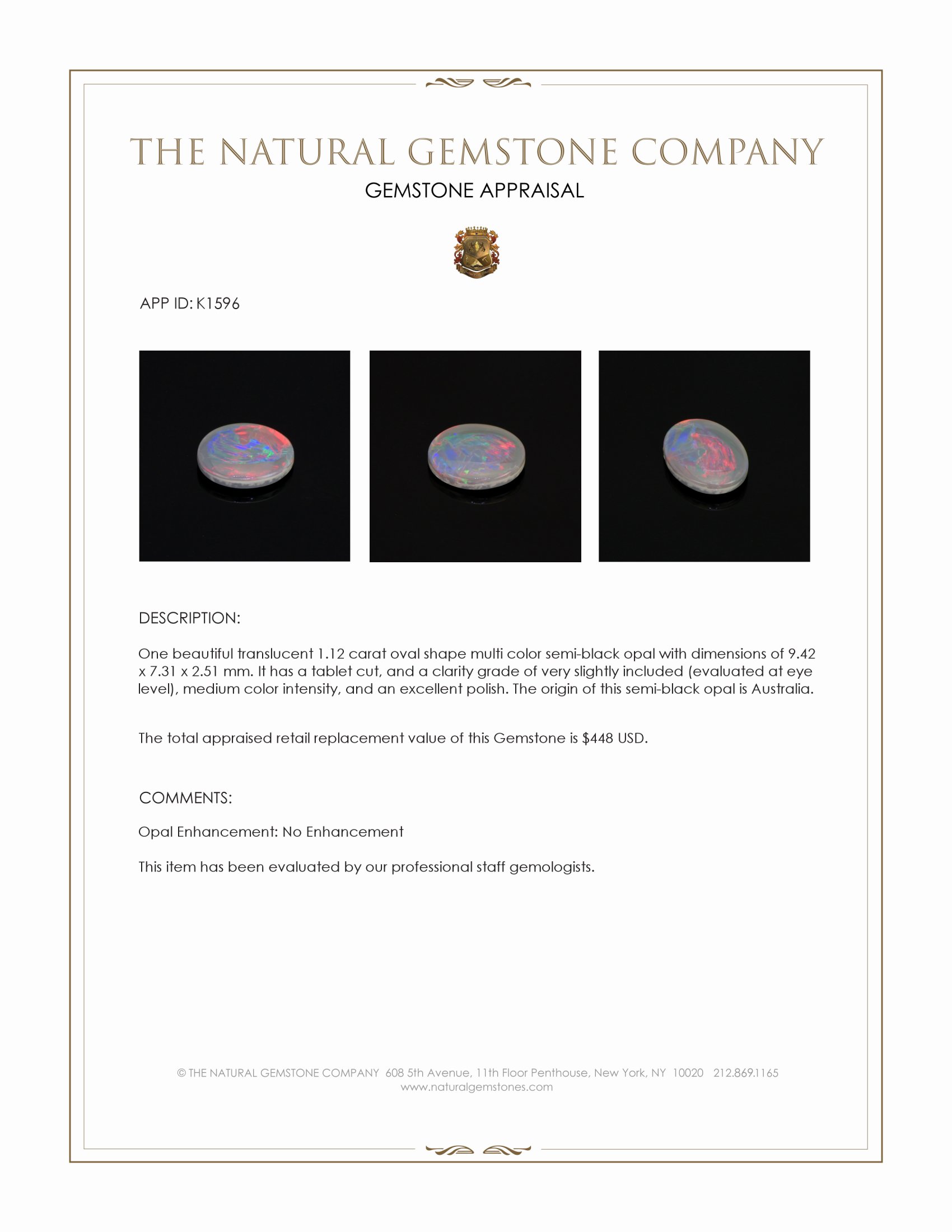 1.12 Ct. Semi-Black Opal from Australia