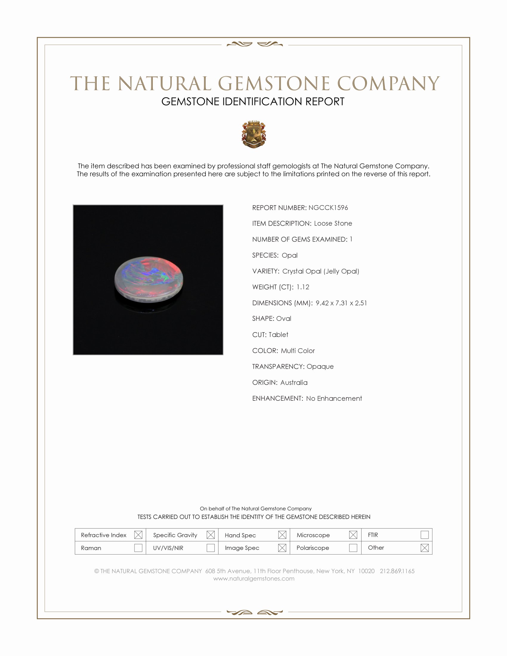 1.12 Ct. Multi Color Crystal Opal (Jelly Opal) from Australia