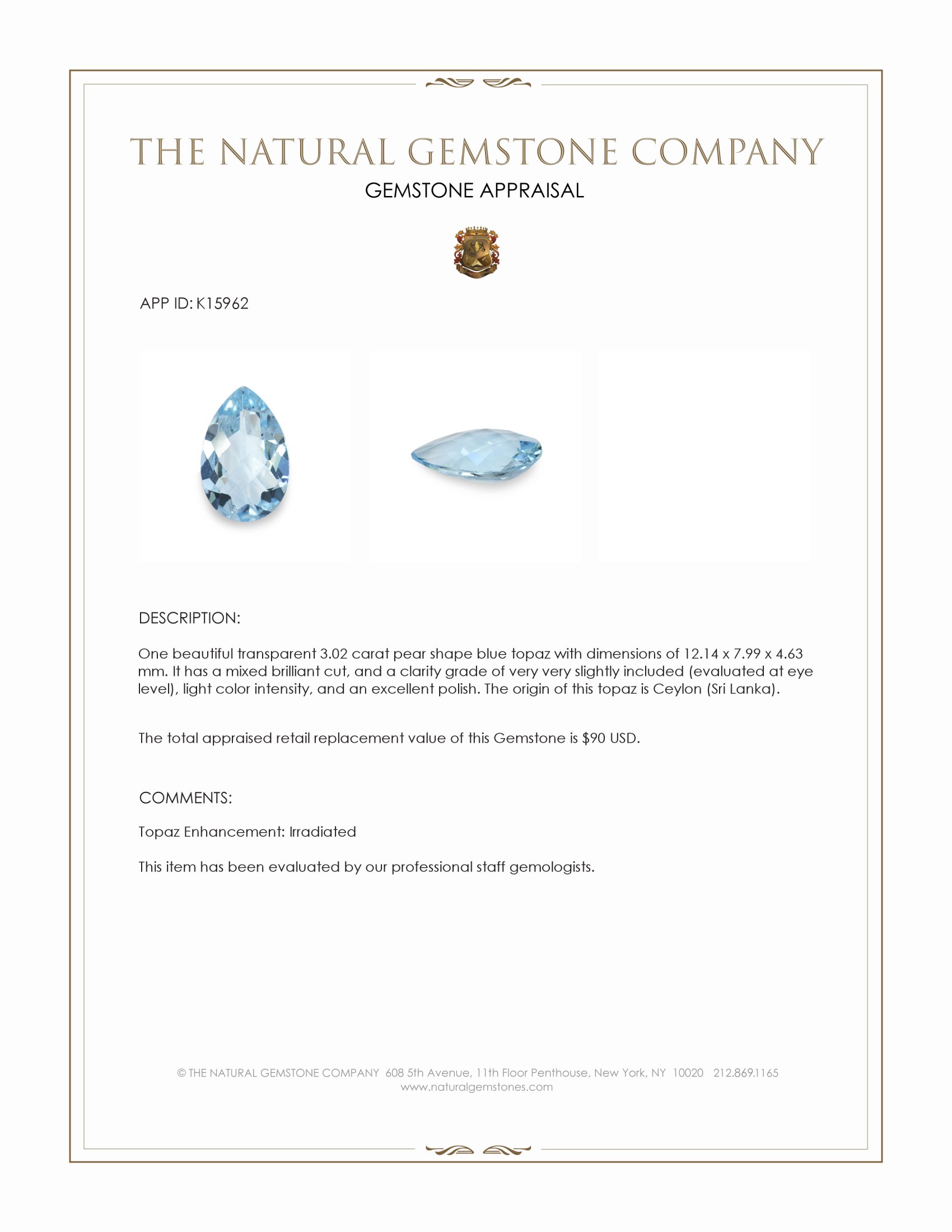 3.02 Ct. Blue Topaz from Ceylon (Sri Lanka)