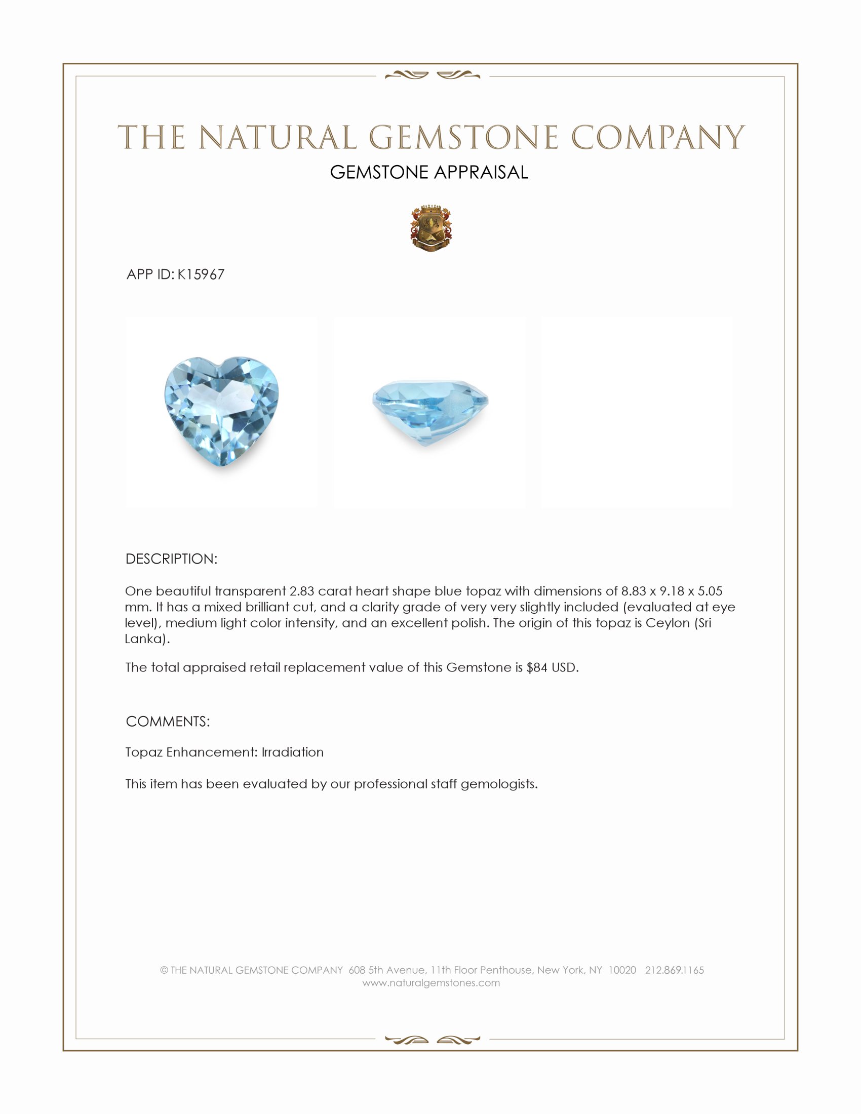2.83 Ct. Blue Topaz from Ceylon (Sri Lanka)