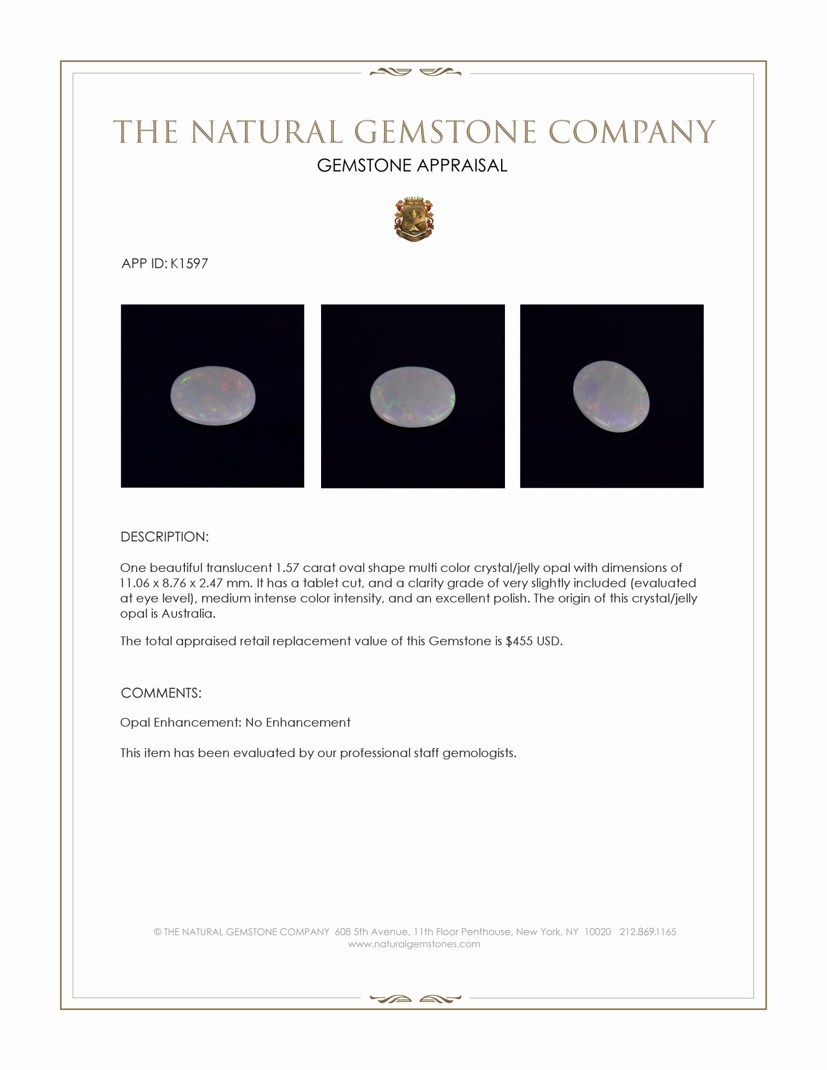 1.57 Ct. Crystal/Jelly Opal from Australia