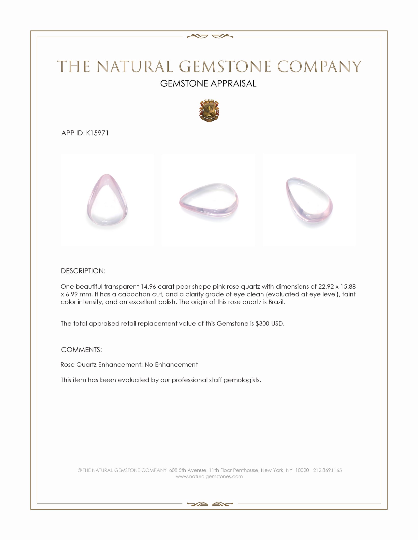 14.96 Ct. Pink Cabochon Rose Quartz from Brazil