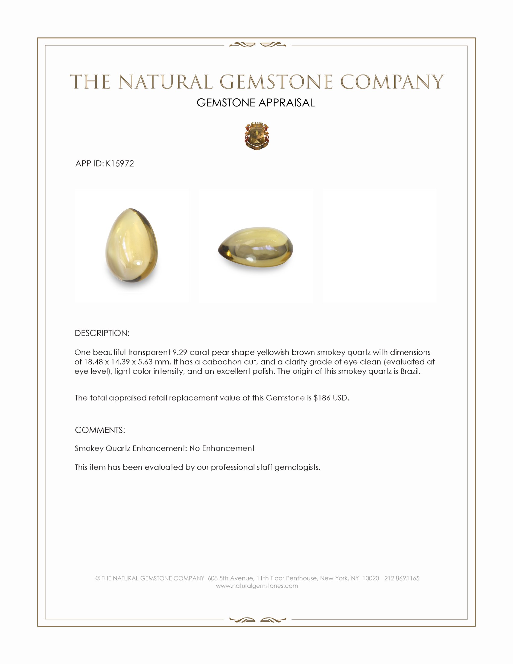 9.29 Ct. Yellowish Brown Cabochon Smokey Quartz from Brazil