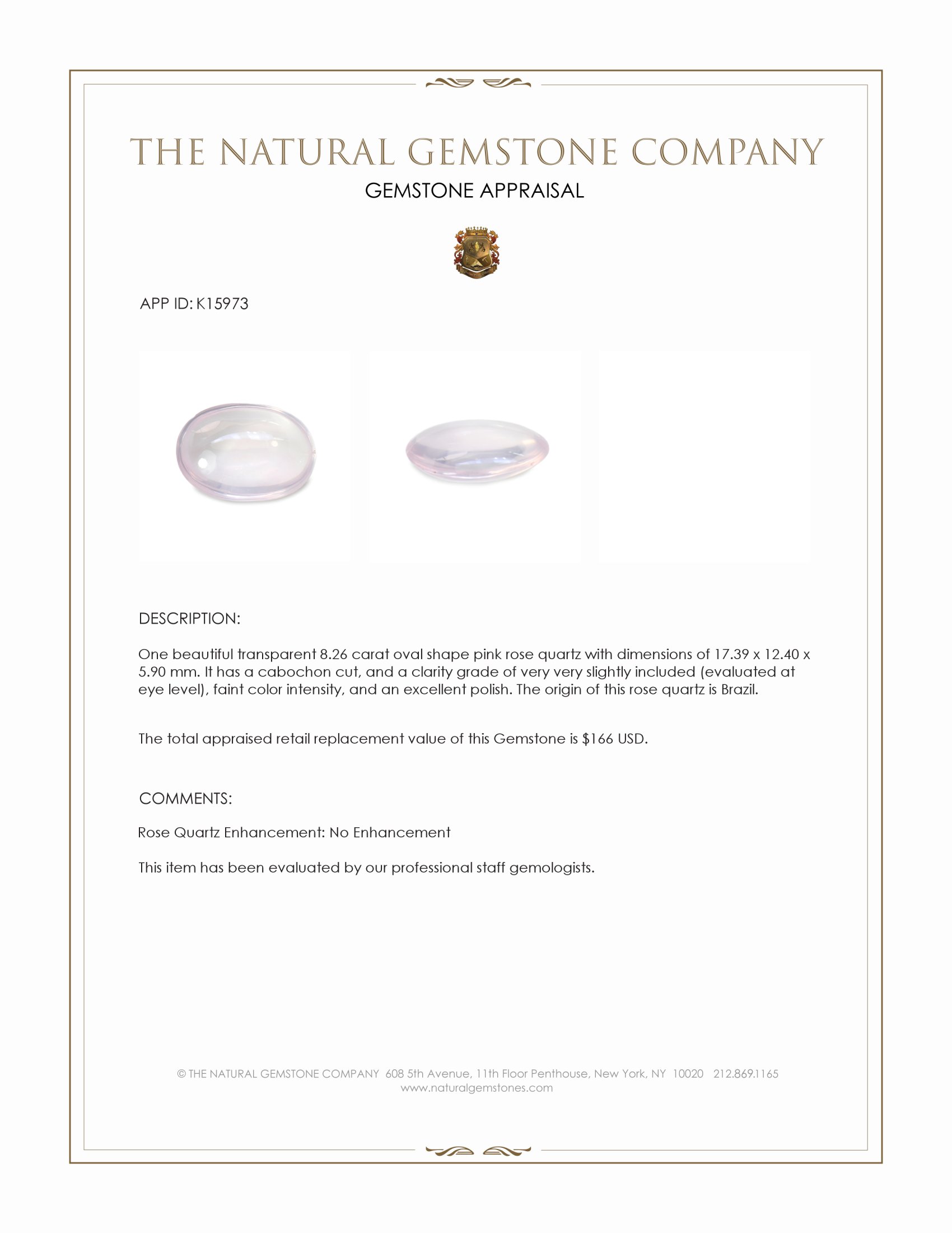 8.26 Ct. Pink Cabochon Rose Quartz from Brazil