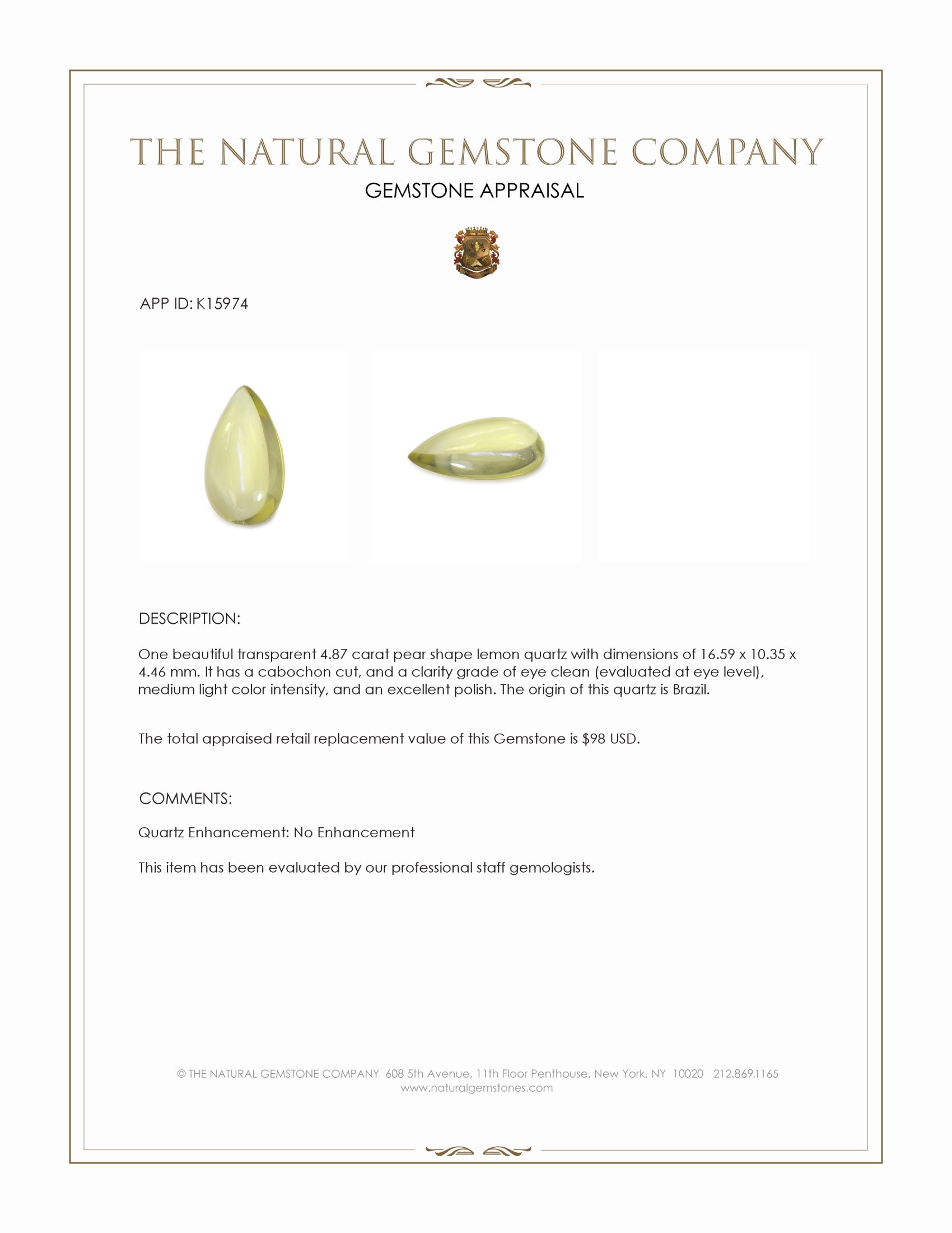 4.87 Ct. Lemon Cabochon Quartz from Brazil