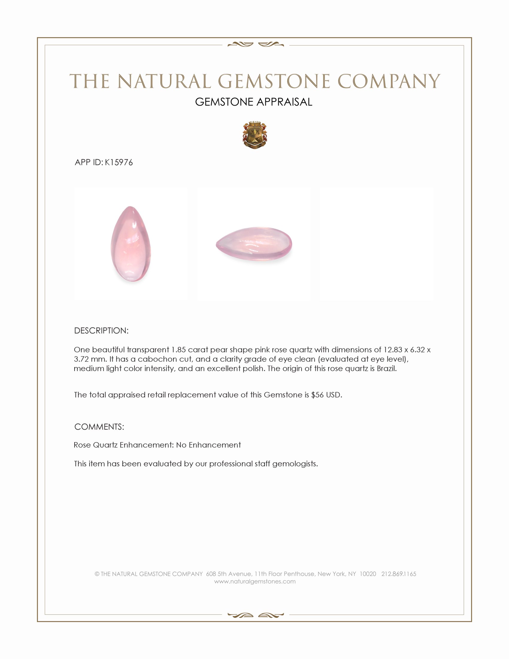 1.85 Ct. Pink Cabochon Rose Quartz from Brazil