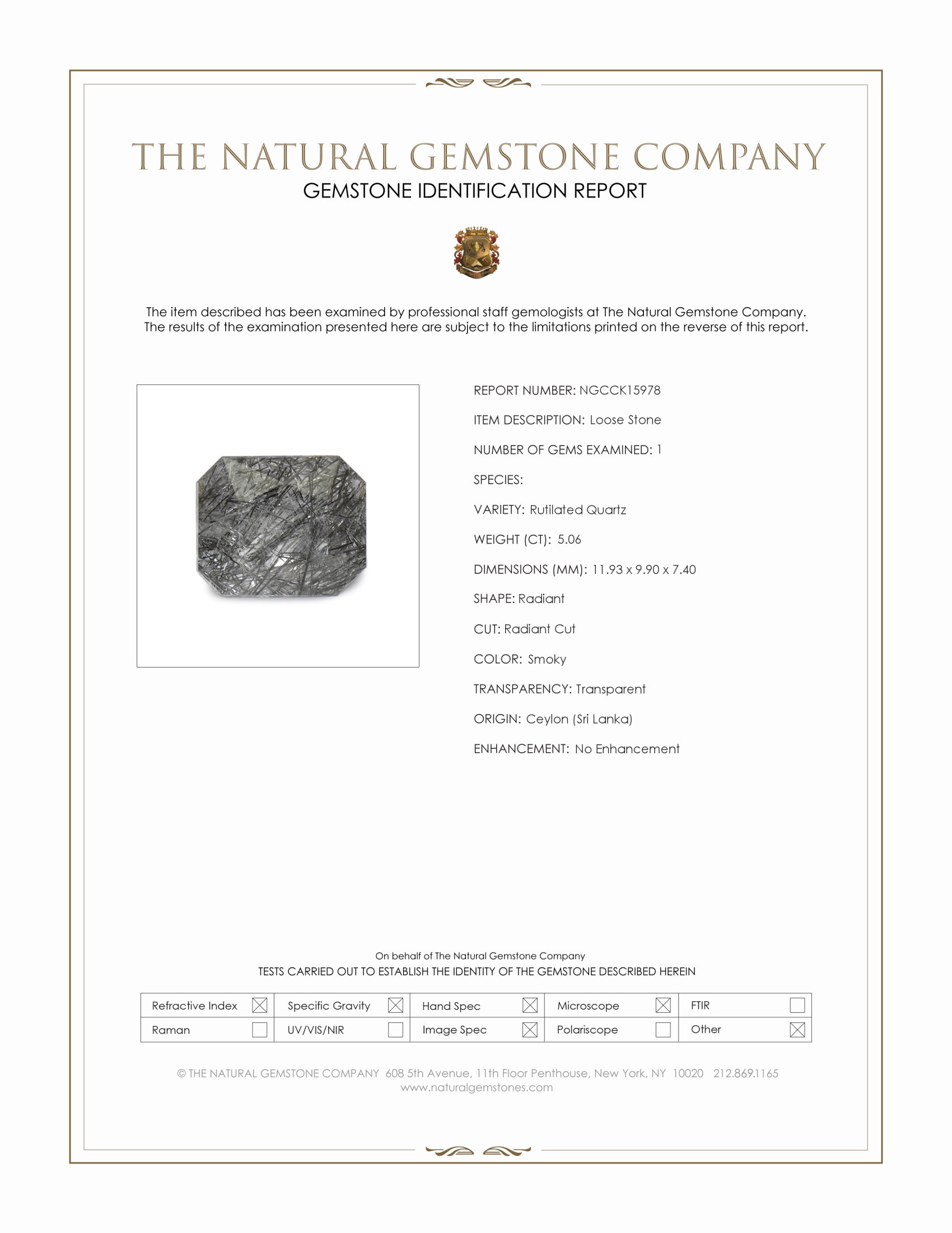 5.06 Ct. Smoky Rutilated Quartz from Ceylon (Sri Lanka)