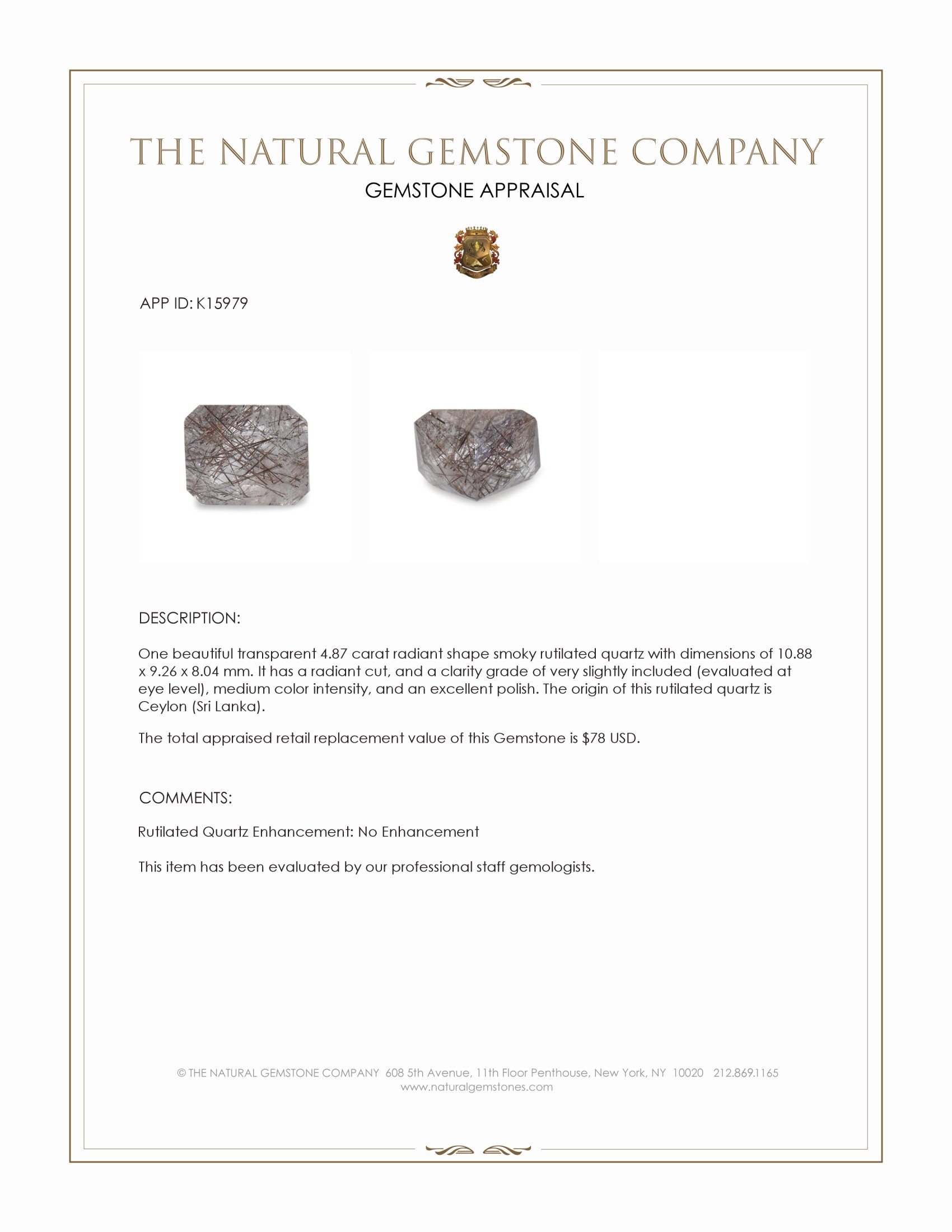 4.87 Ct. Smoky Rutilated Quartz from Ceylon (Sri Lanka)