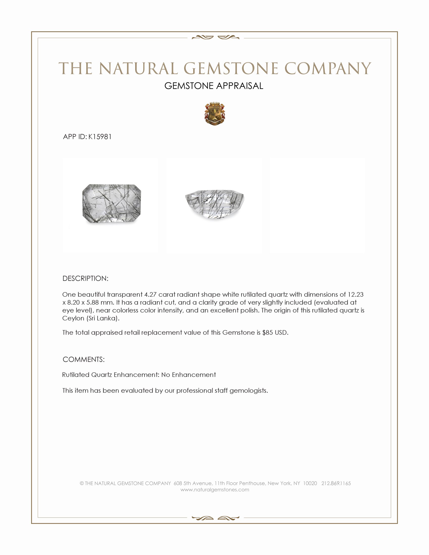 4.27 Ct. White Rutilated Quartz from Ceylon (Sri Lanka)