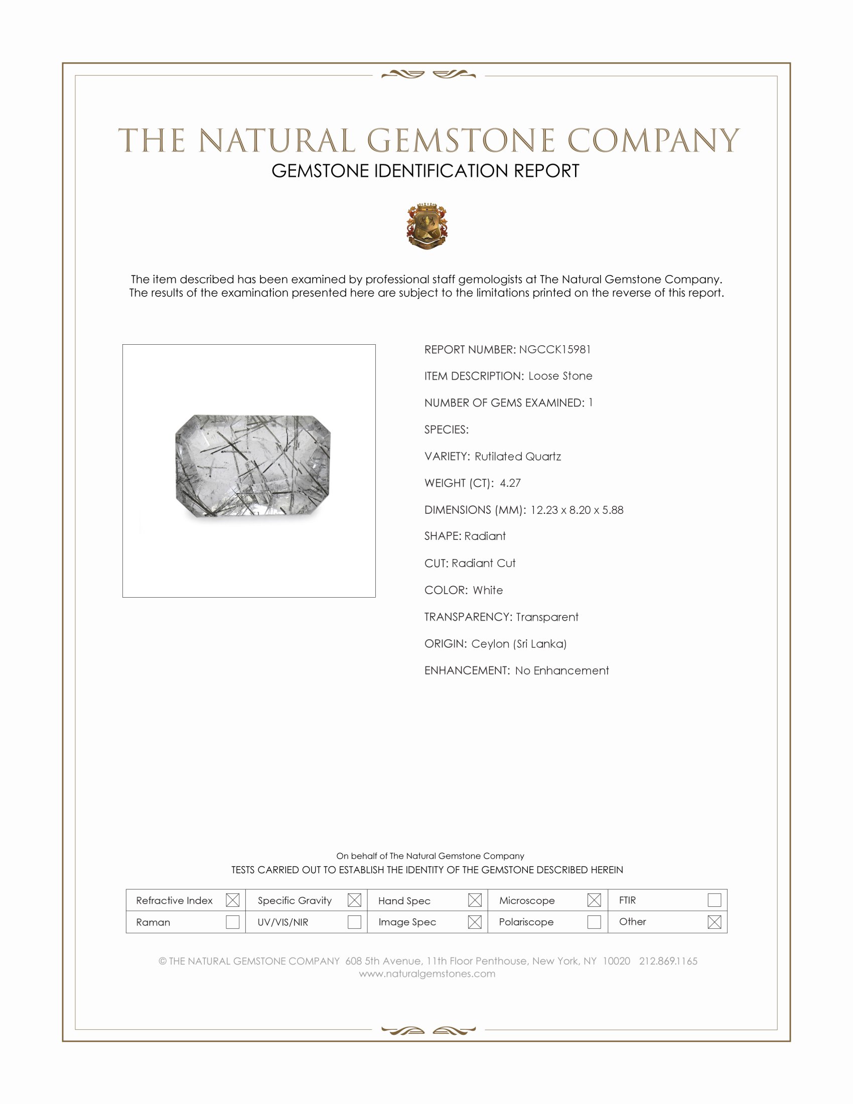 4.27 Ct. White Rutilated Quartz from Ceylon (Sri Lanka)