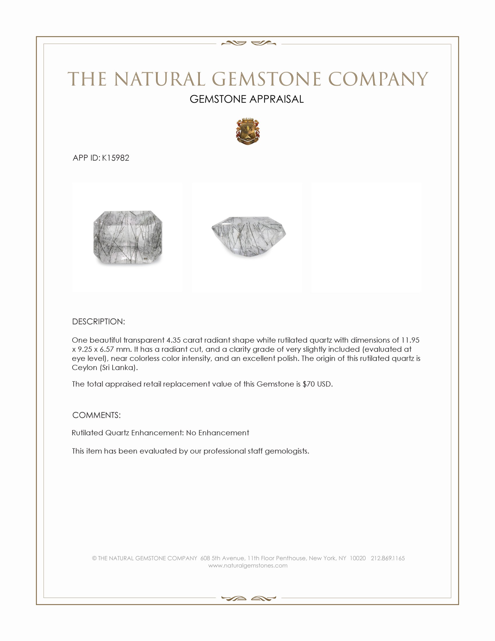 4.35 Ct. White Rutilated Quartz from Ceylon (Sri Lanka)
