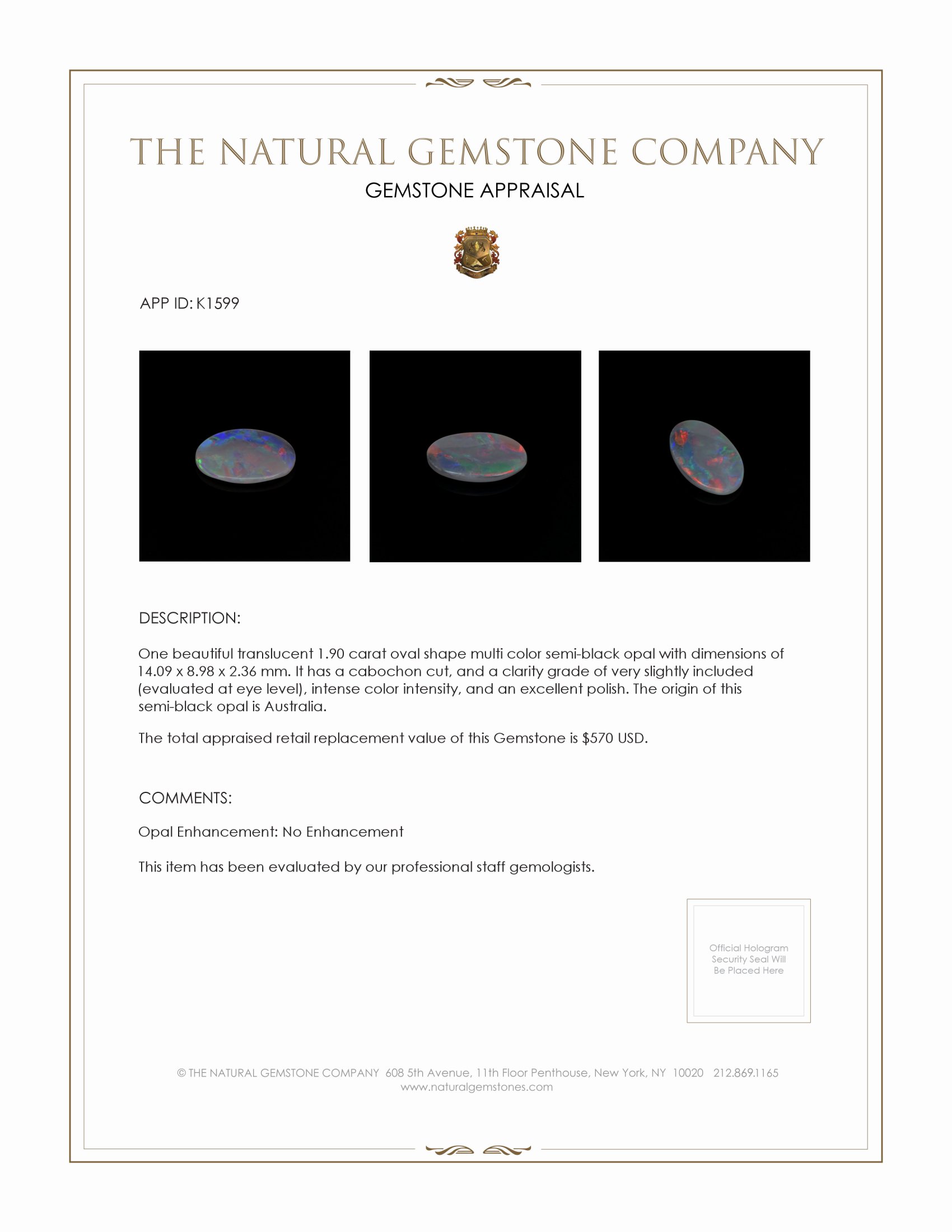 1.90 Ct. Cabochon Semi-Black Opal from Australia