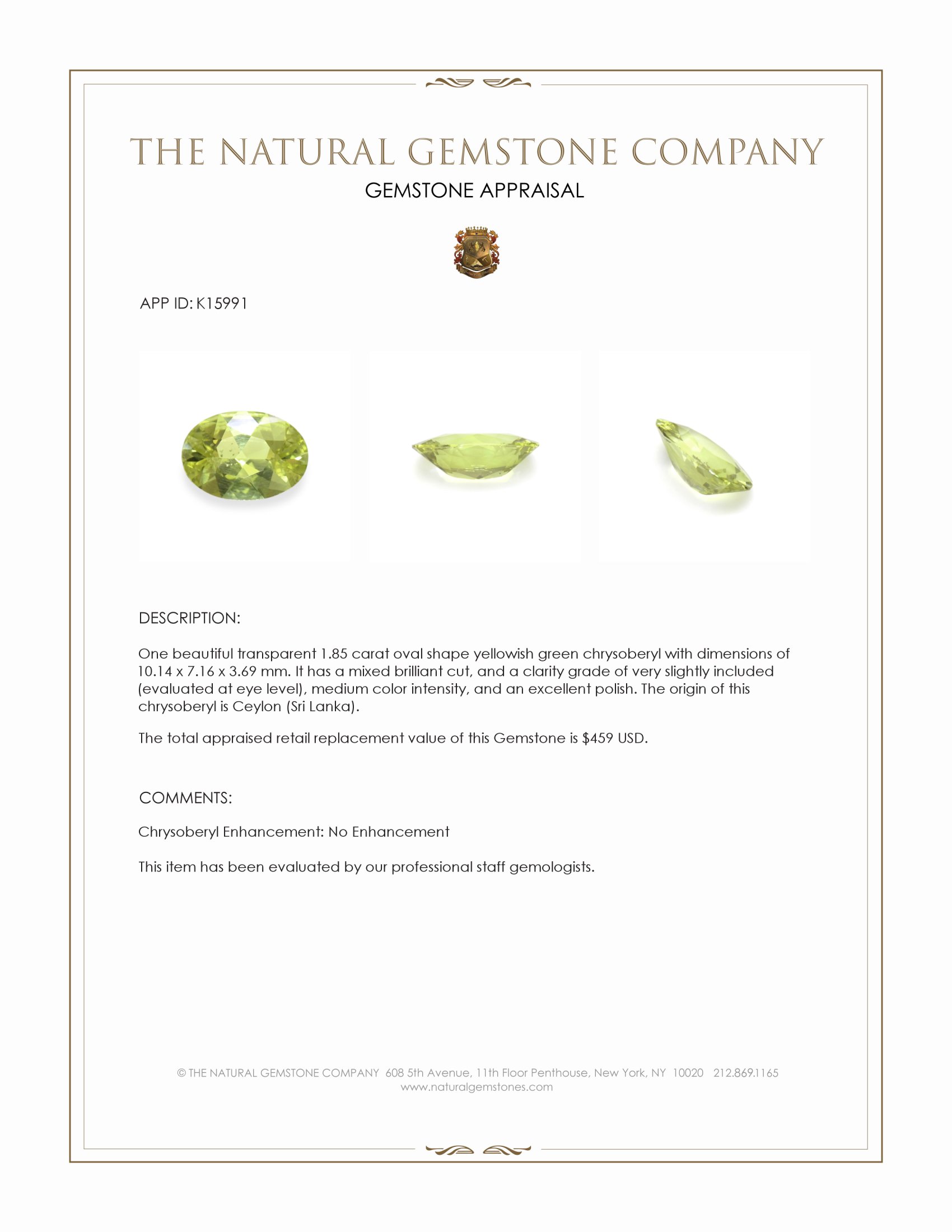 1.85 Ct. Chrysoberyl from Ceylon (Sri Lanka)