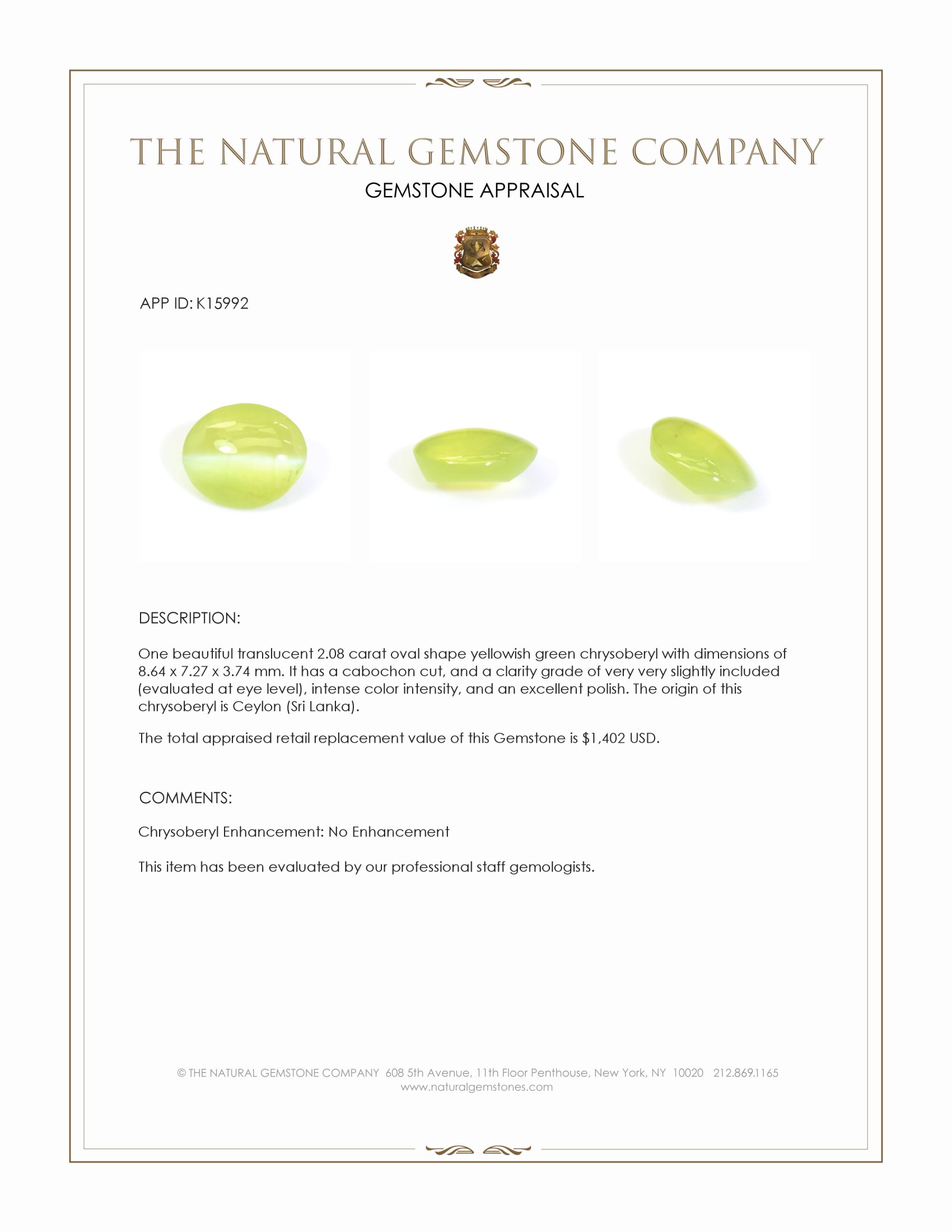 2.08 Ct. Yellowish Green Cabochon Chrysoberyl from Ceylon (Sri Lanka)