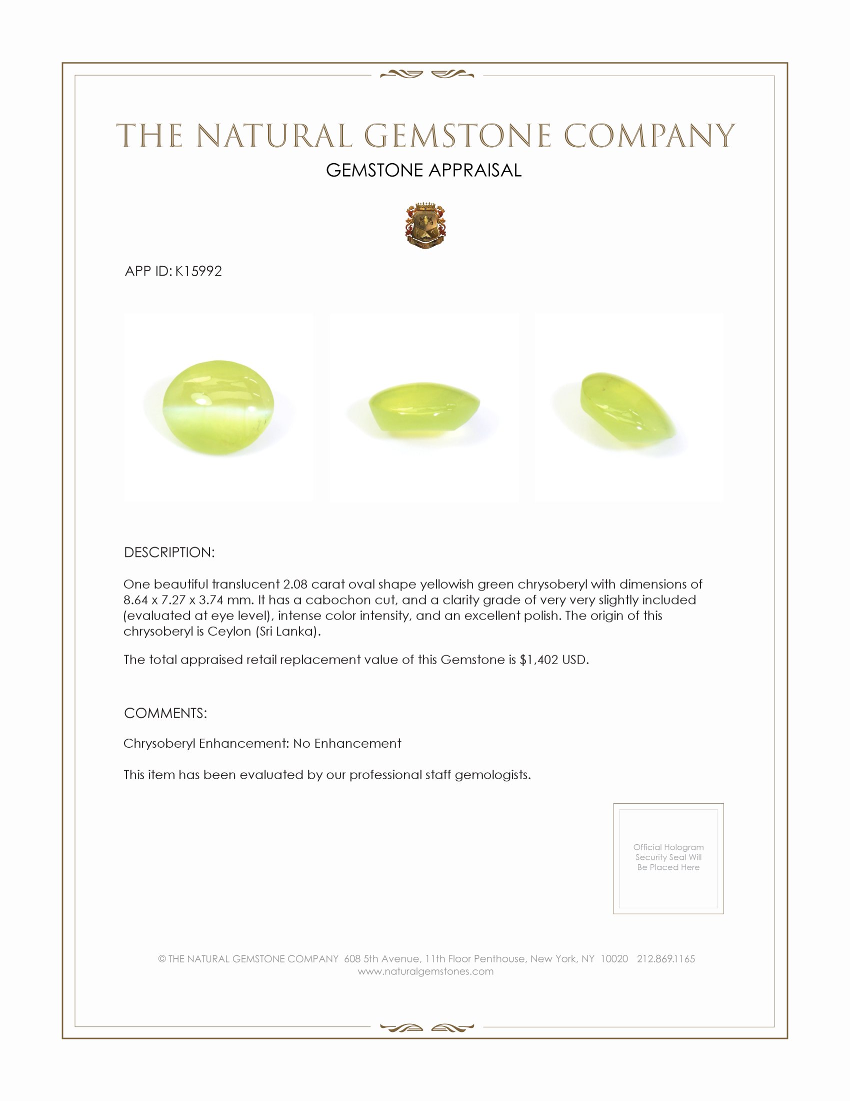 2.08 Ct. Cabochon Chrysoberyl from Ceylon (Sri Lanka)