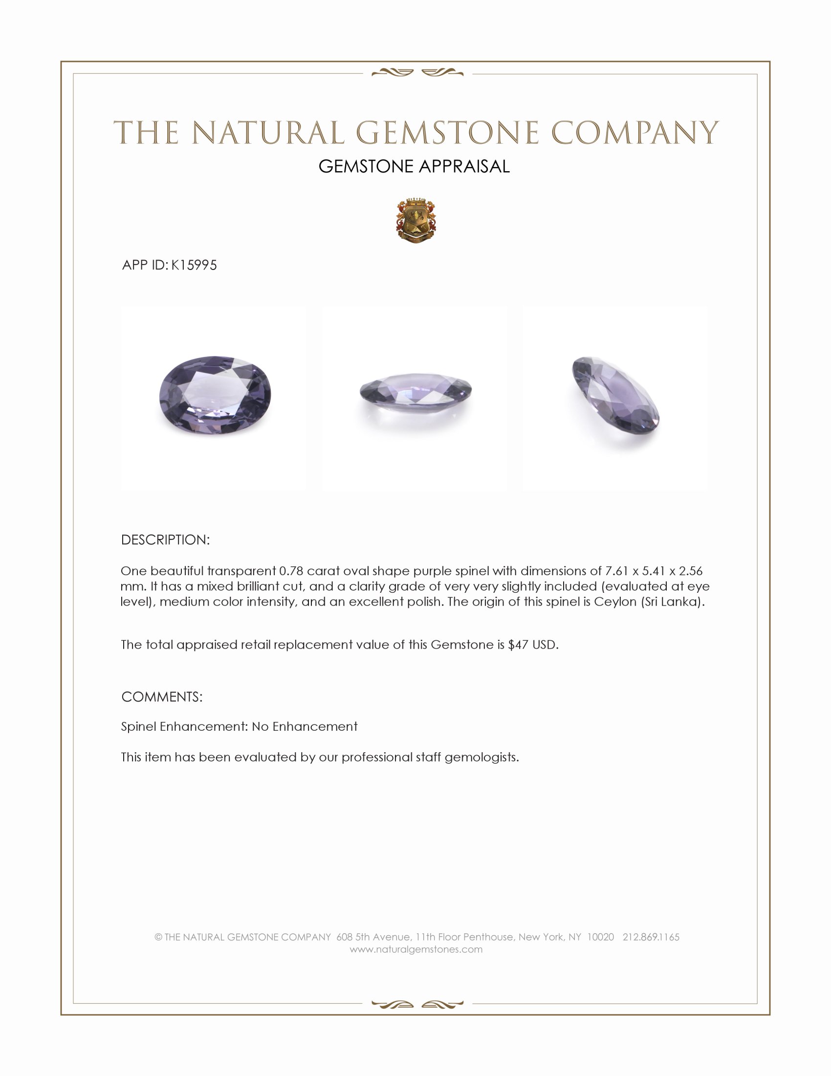 0.78 Ct. Purple Spinel from Ceylon (Sri Lanka)
