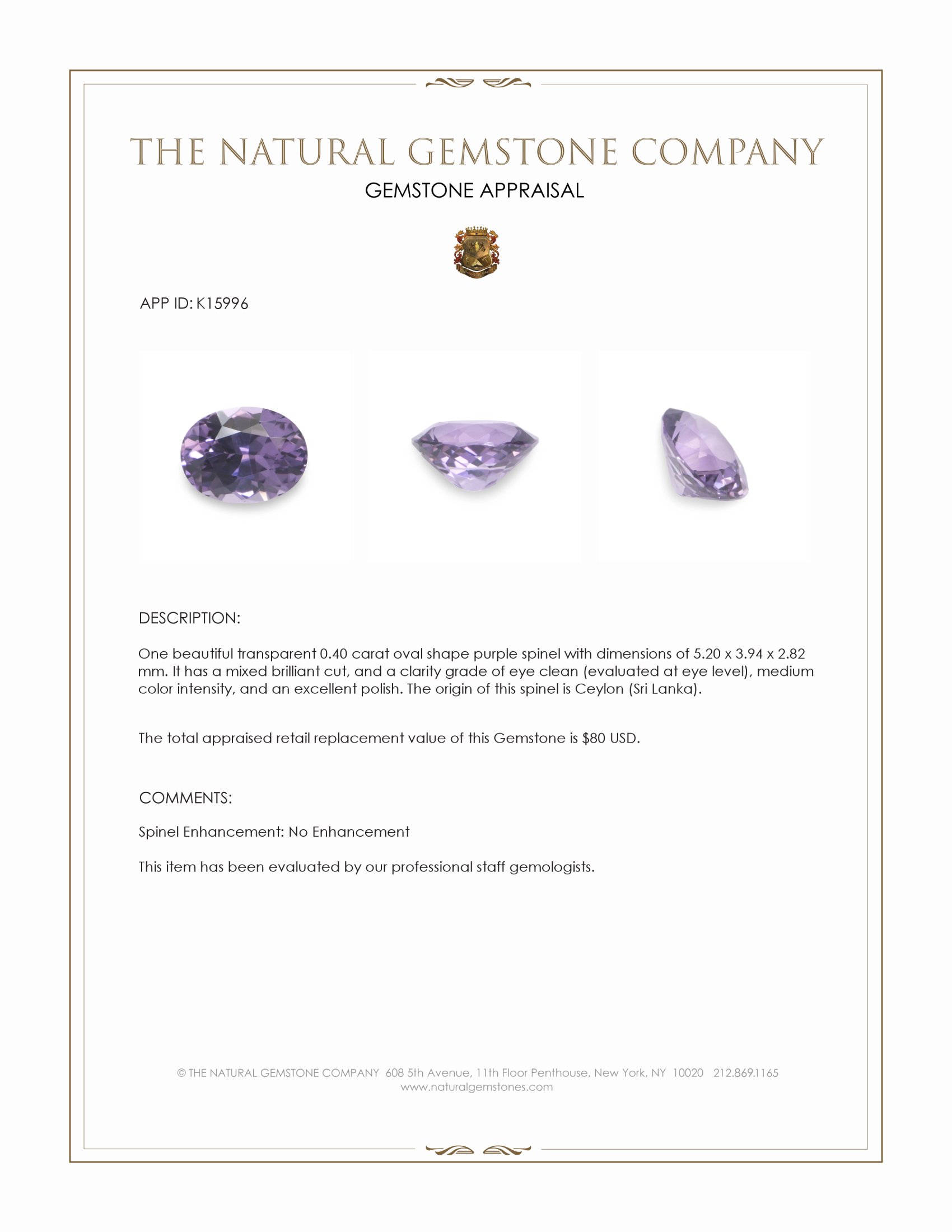 0.40 Ct. Purple Spinel from Ceylon (Sri Lanka)