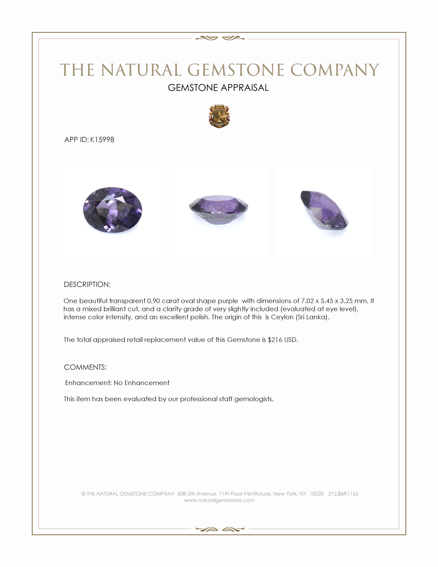 0.90 Ct. Purple Spinel from Ceylon (Sri Lanka)
