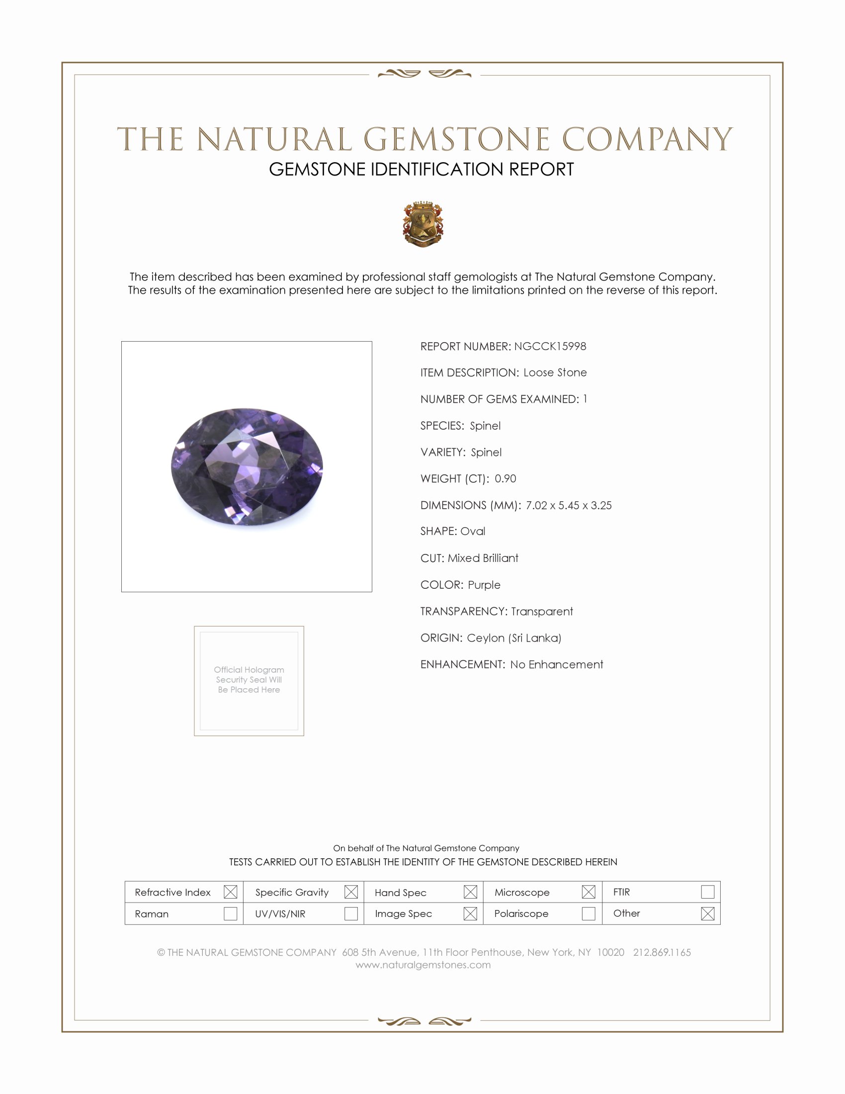 0.90 Ct. Purple Spinel from Ceylon (Sri Lanka)