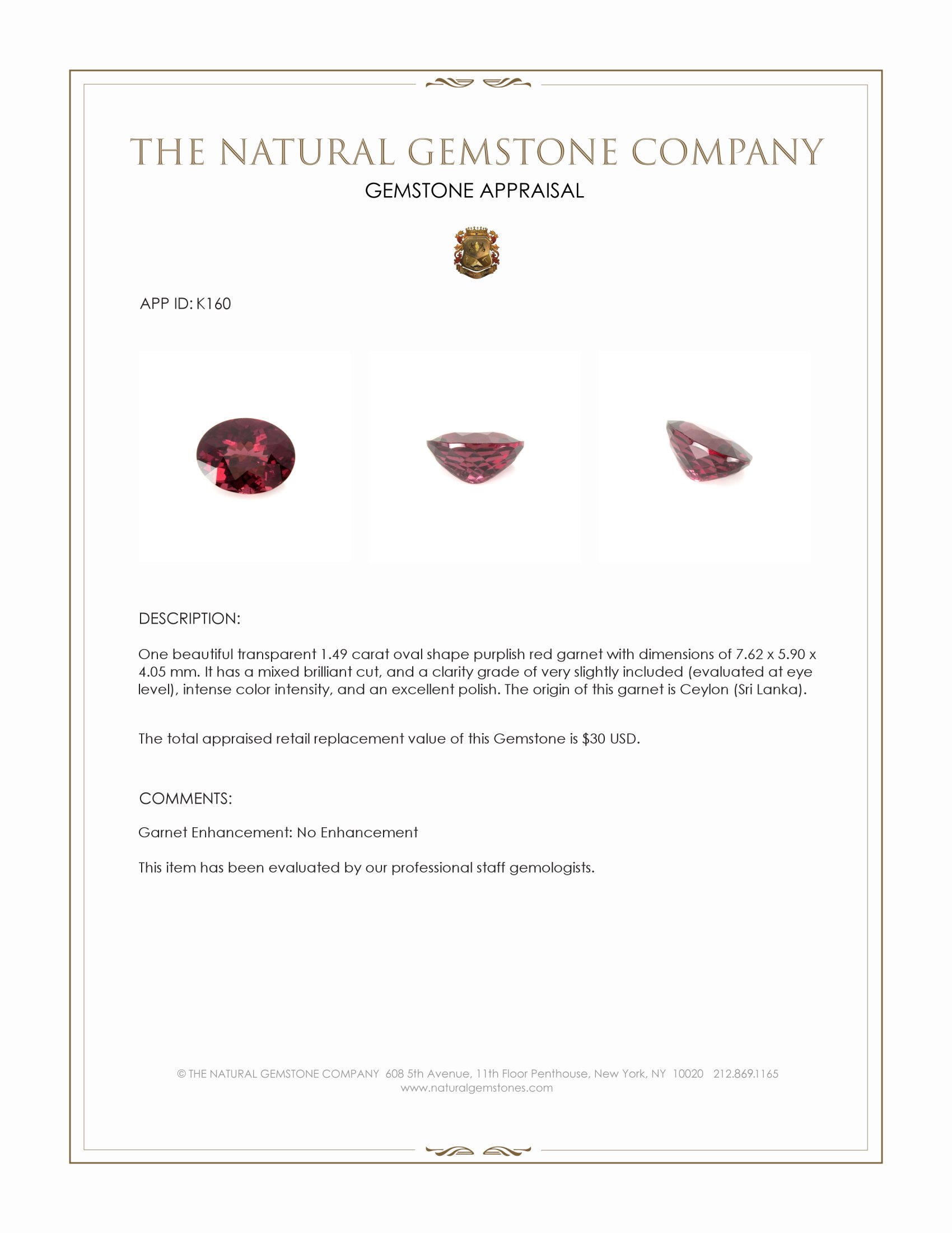 1.49 Ct. Garnet from Ceylon (Sri Lanka)