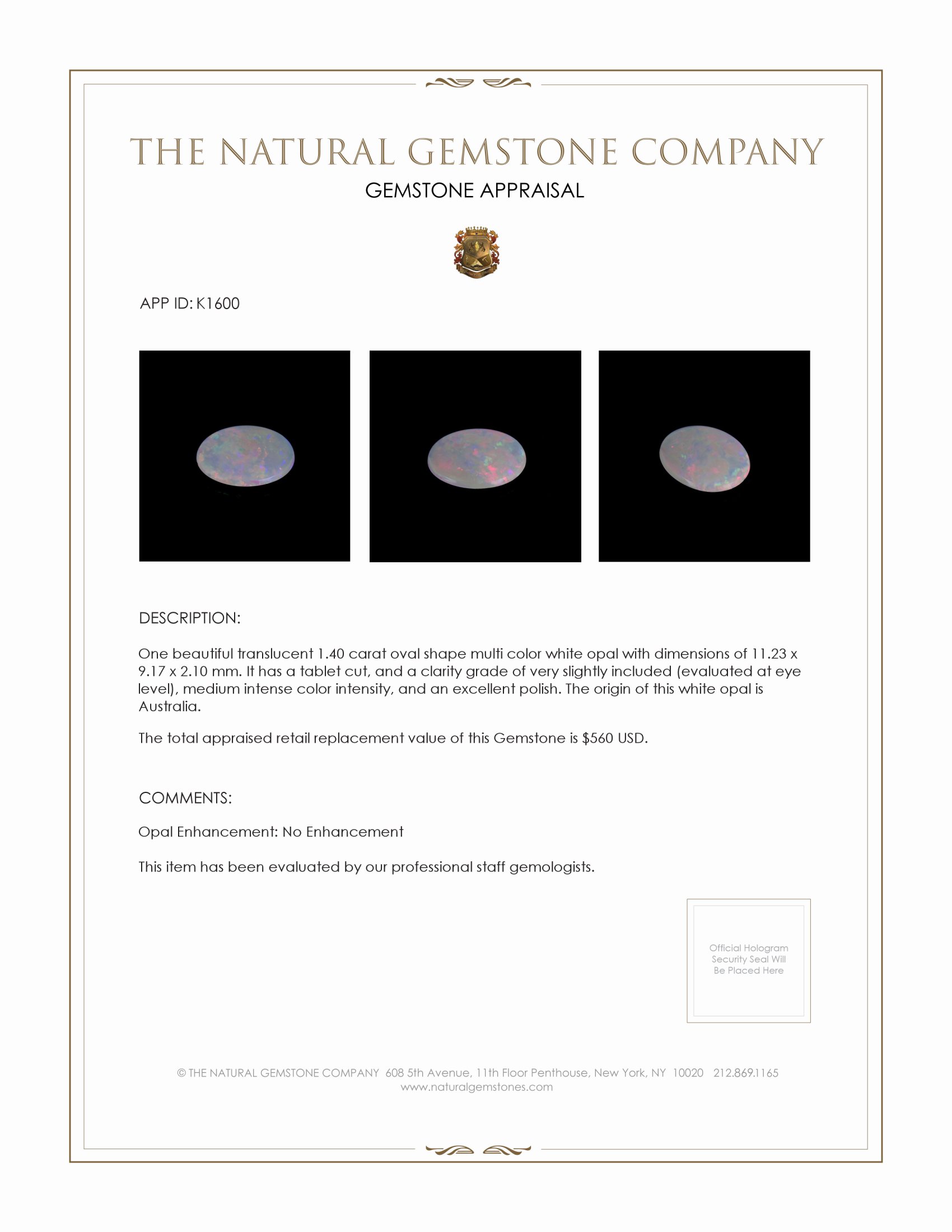 1.40 Ct. White Opal from Australia