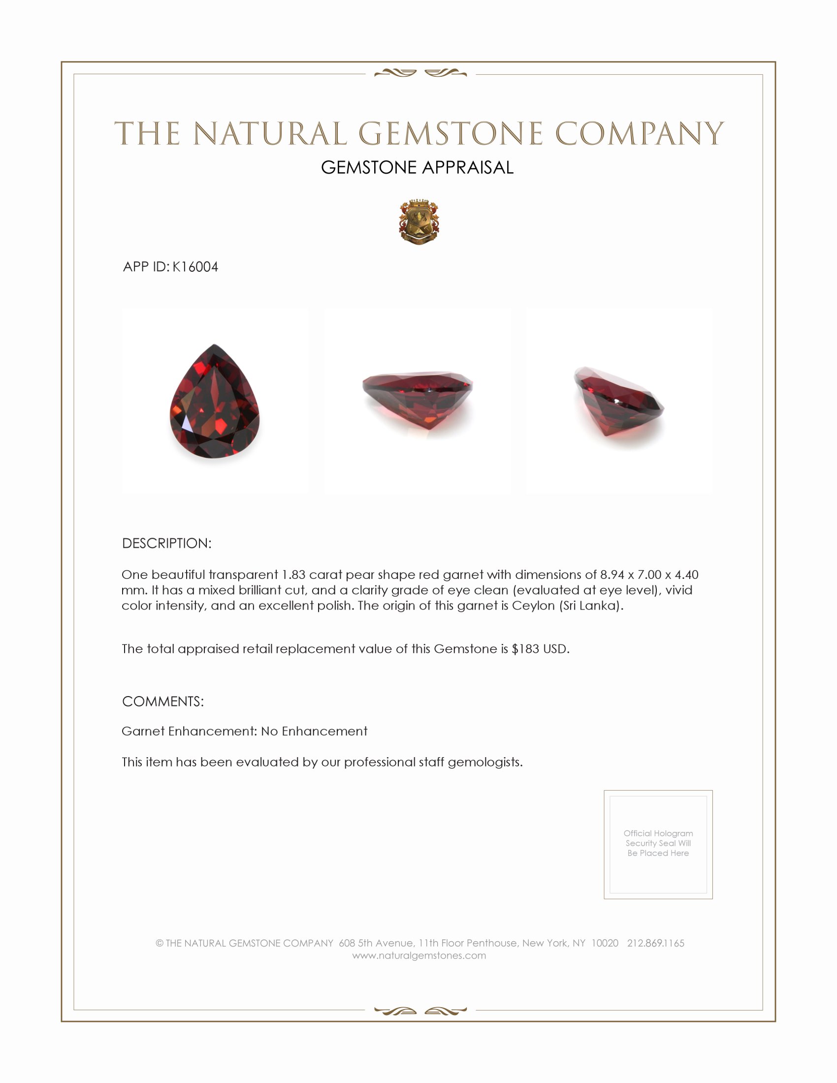 1.83 Ct. Garnet from Ceylon (Sri Lanka)