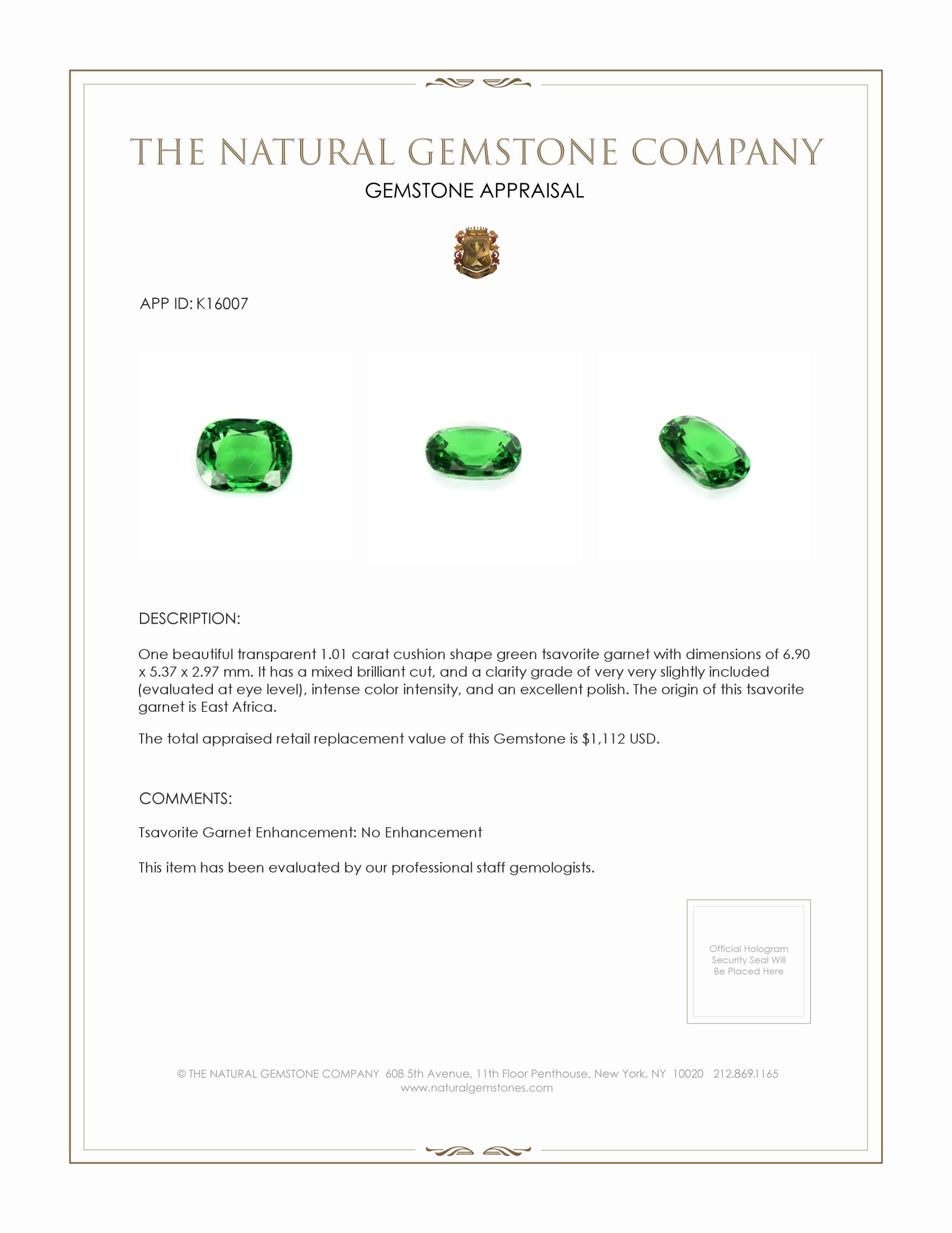 1.01 Ct. Tsavorite Garnet from East Africa
