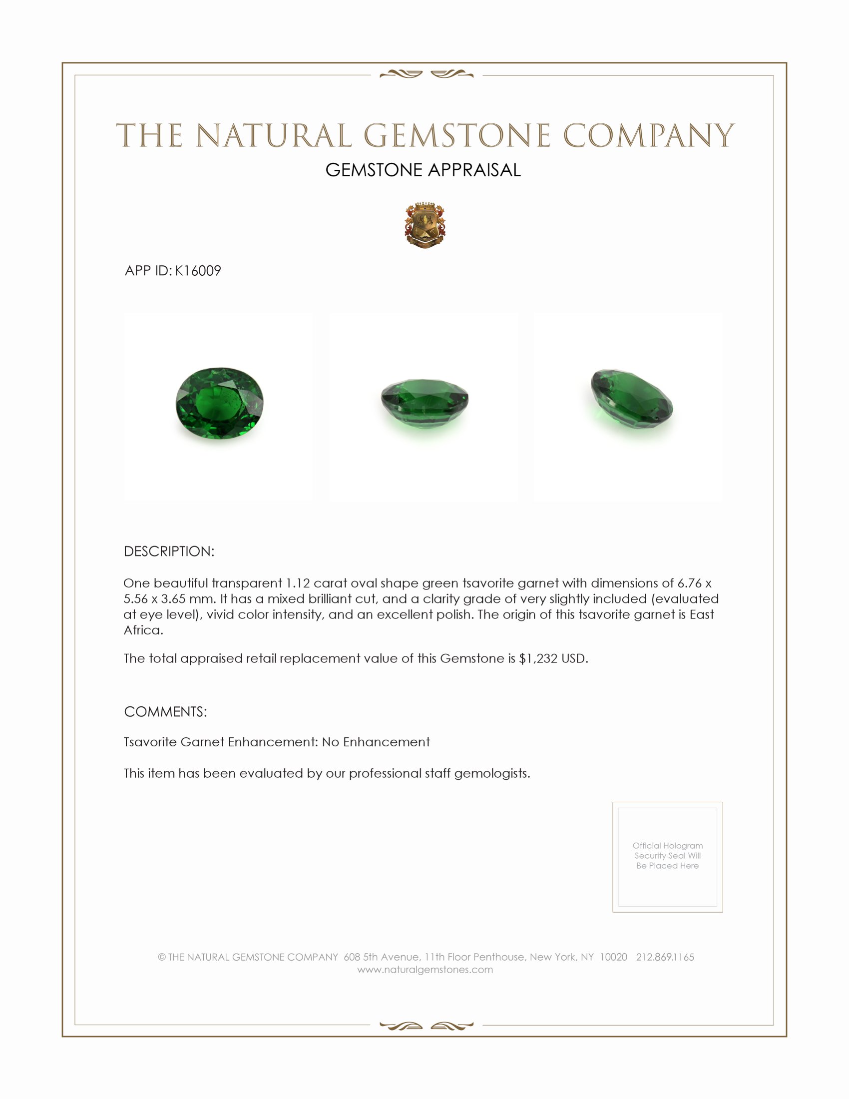 1.12 Ct. Tsavorite Garnet from East Africa
