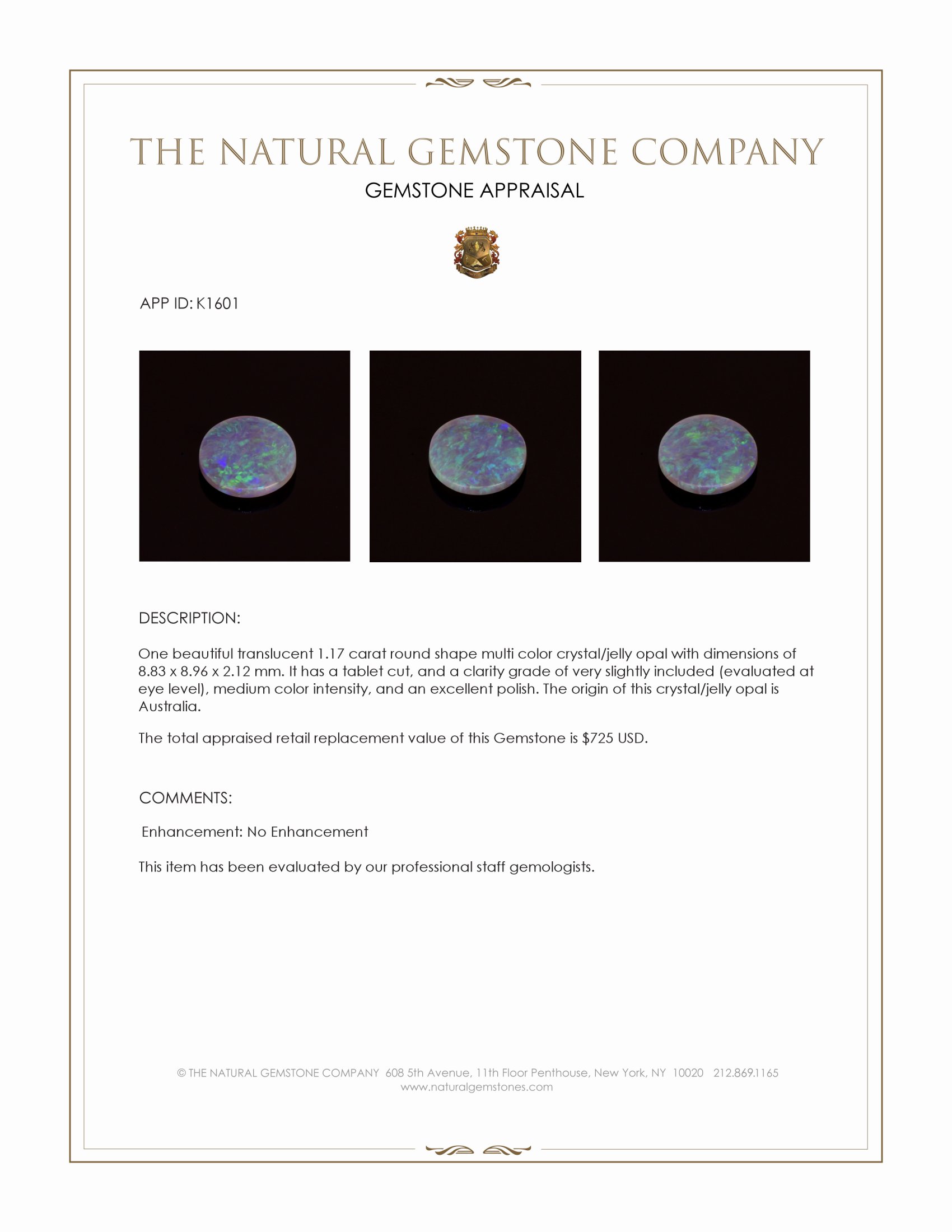 1.17 Ct. Multi Color Crystal/Jelly Opal from Australia