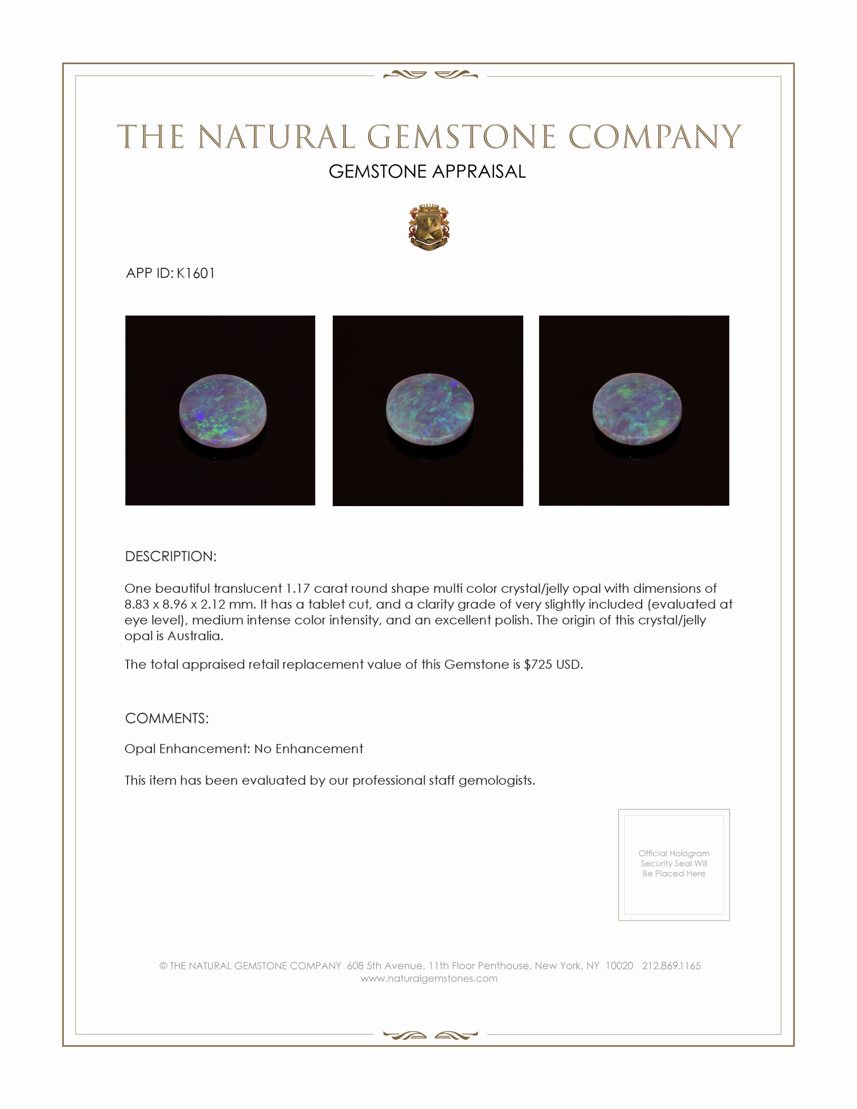 1.17 Ct. Crystal/Jelly Opal from Australia