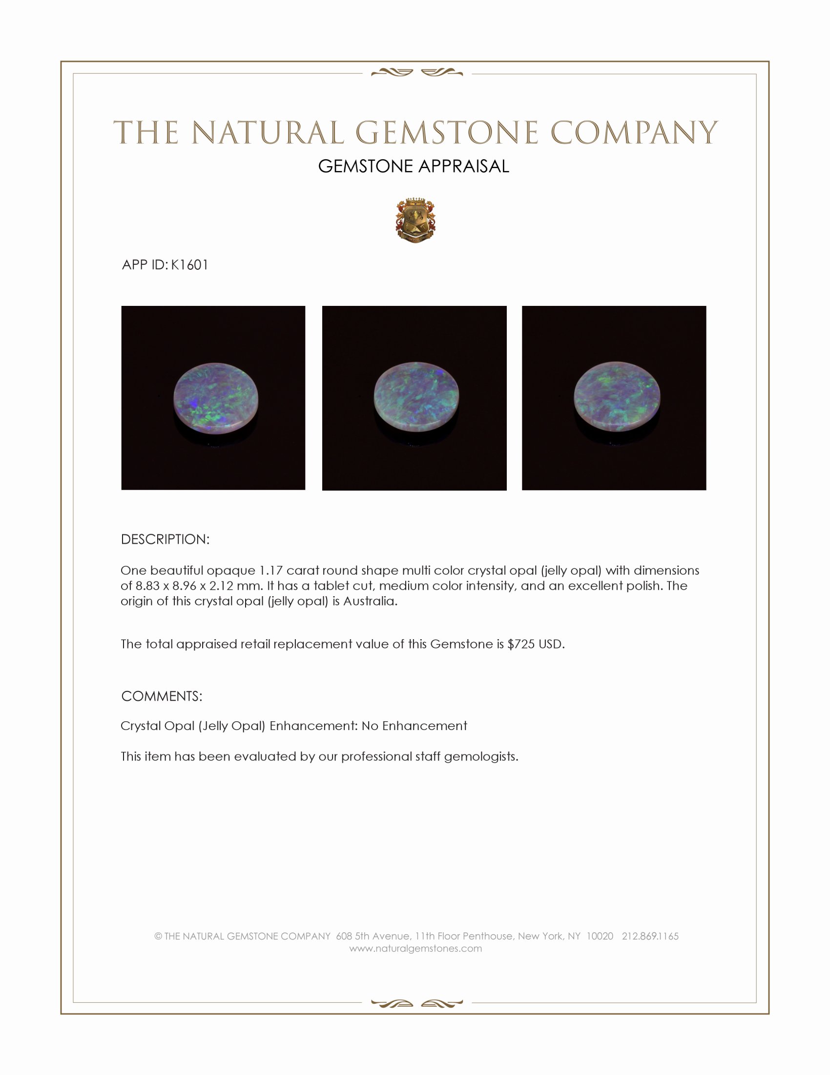 1.17 Ct. Multi Color Crystal Opal (Jelly Opal) from Australia