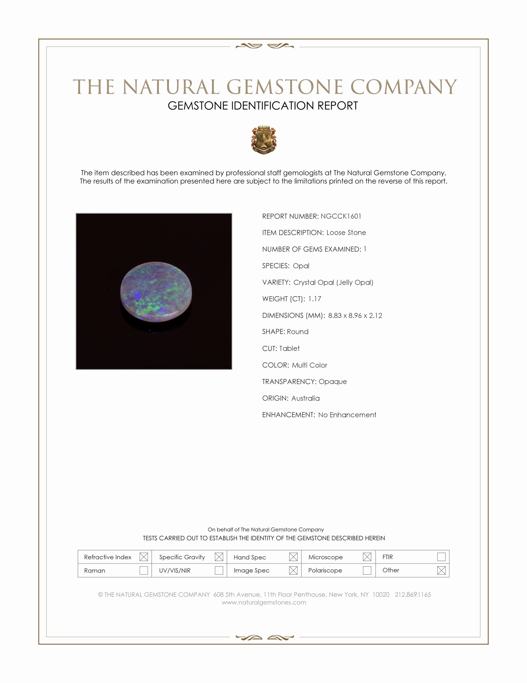 1.17 Ct. Multi Color Crystal Opal (Jelly Opal) from Australia