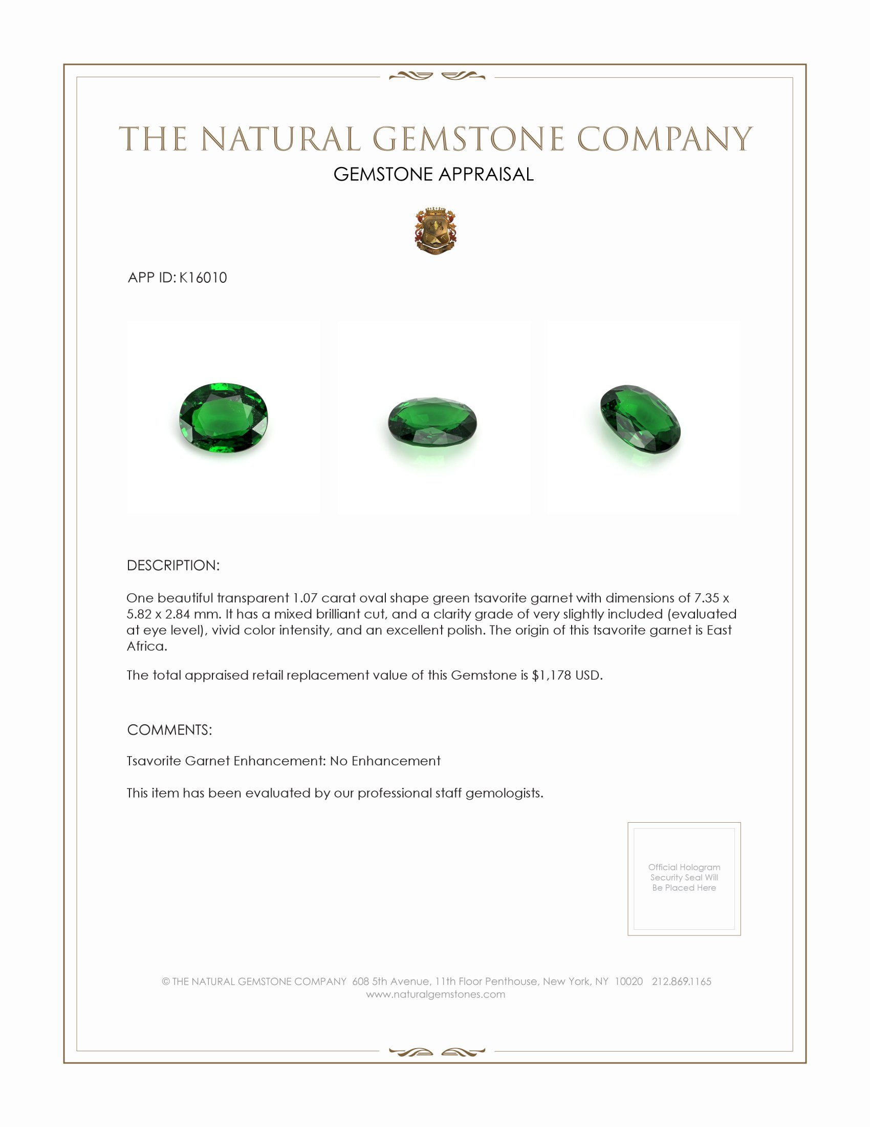 1.07 Ct. Tsavorite Garnet from East Africa