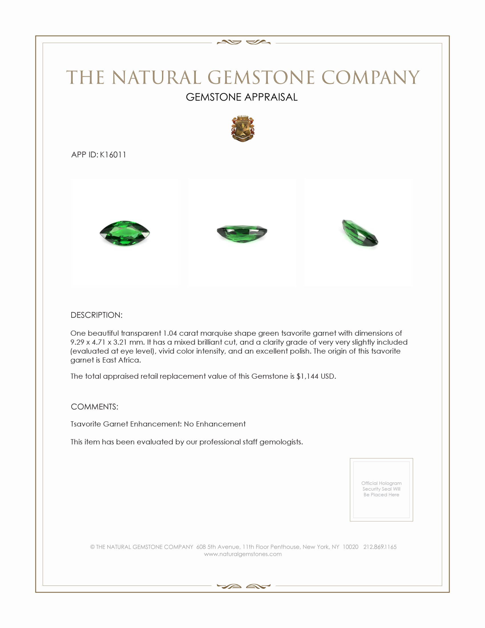 1.04 Ct. Tsavorite Garnet from East Africa