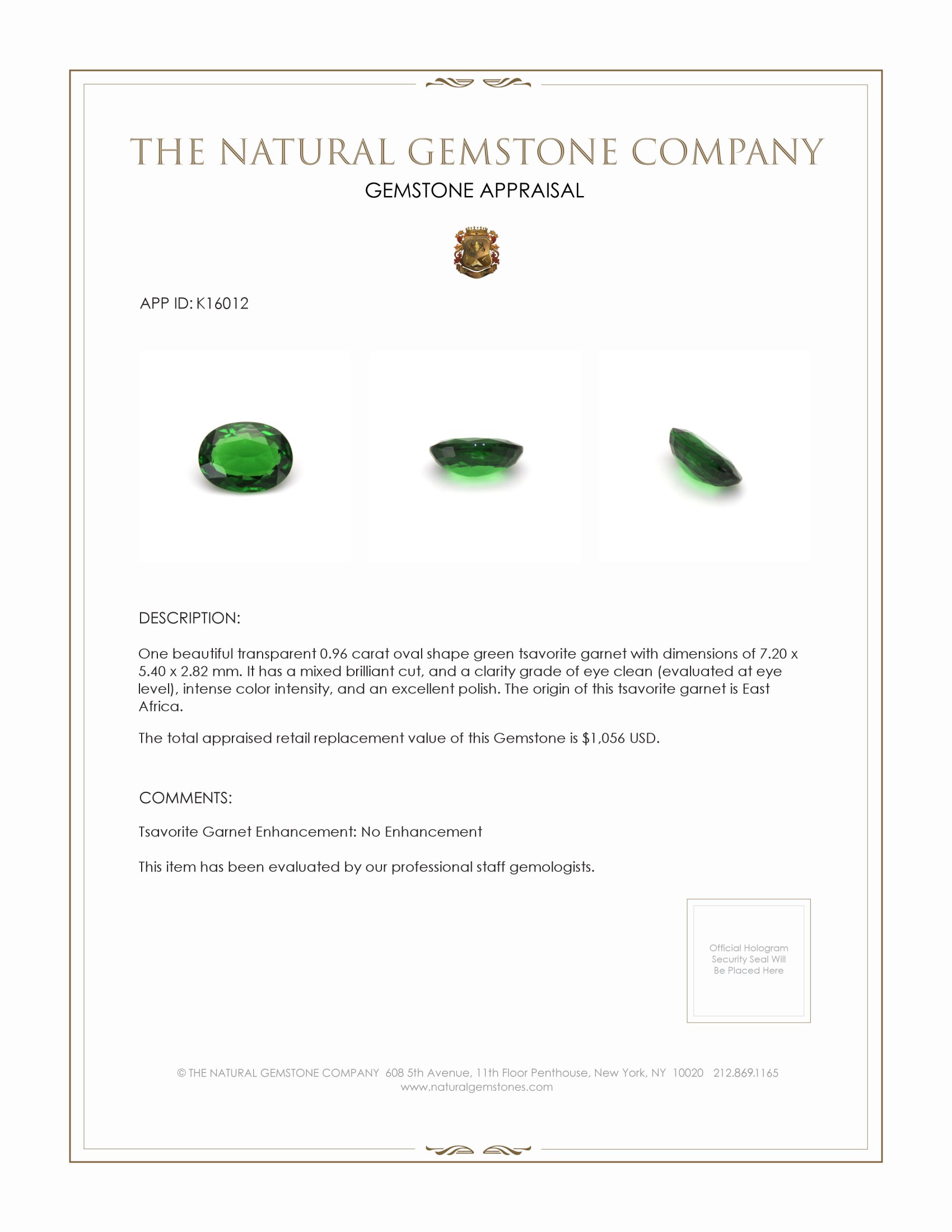 0.96 Ct. Tsavorite Garnet from East Africa