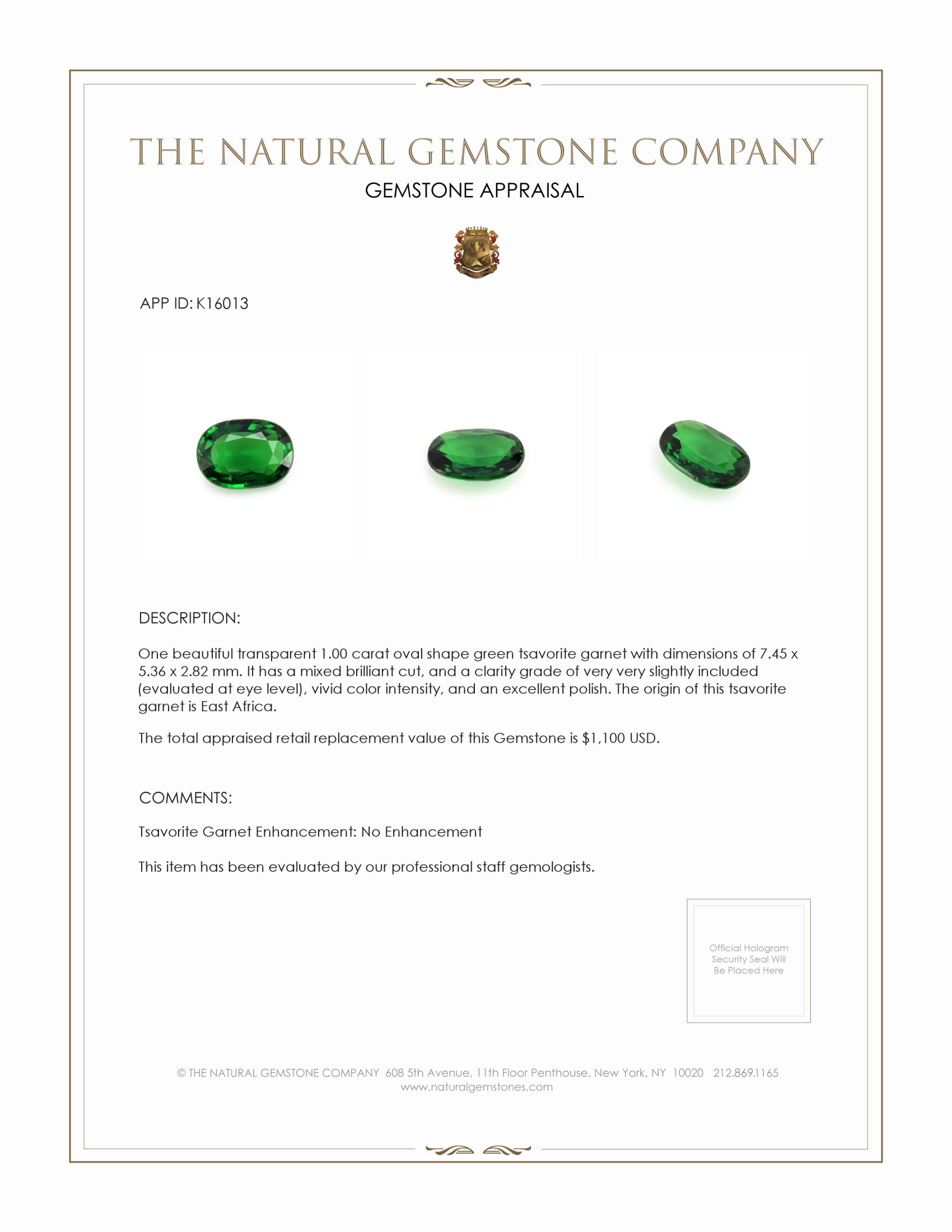 1.00 Ct. Tsavorite Garnet from East Africa