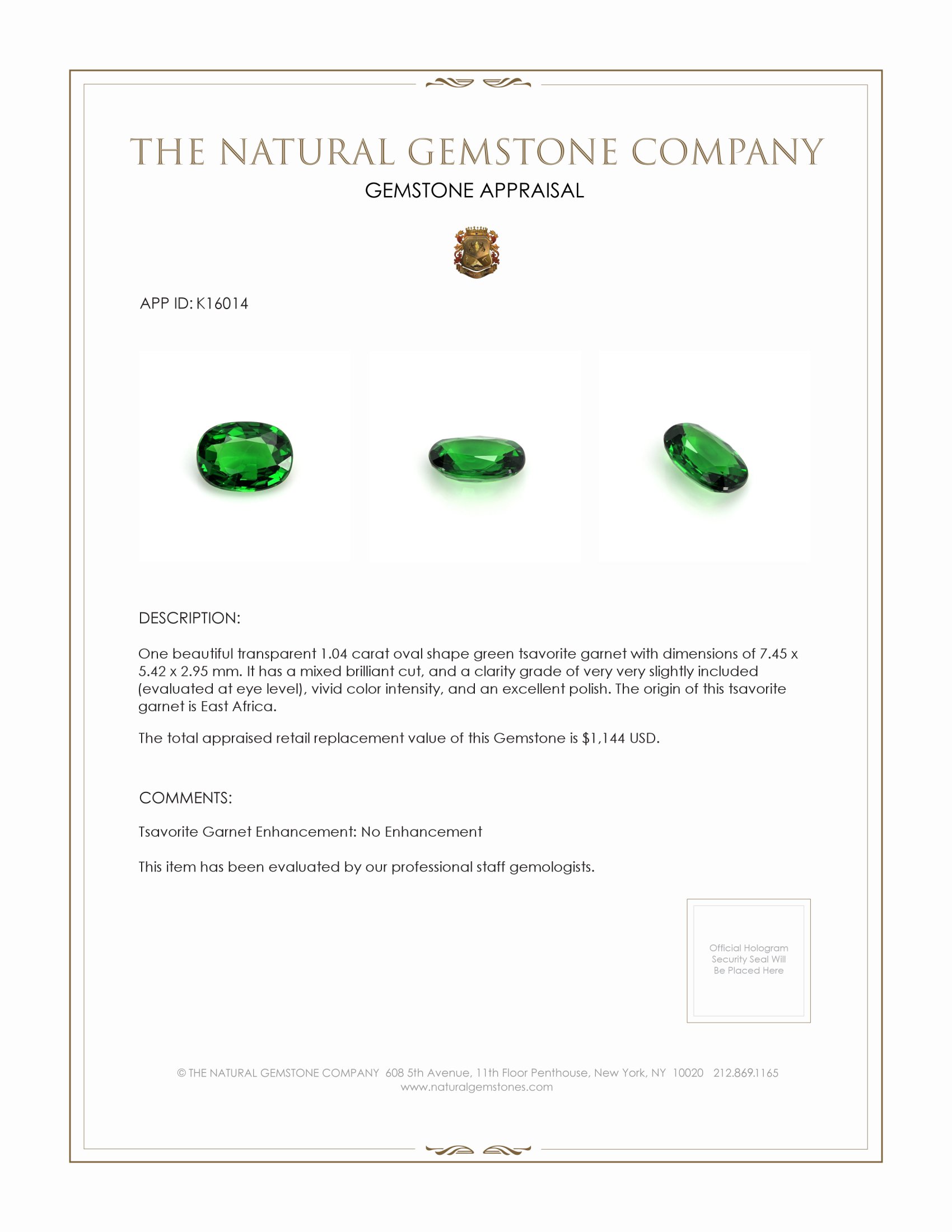 1.04 Ct. Tsavorite Garnet from East Africa