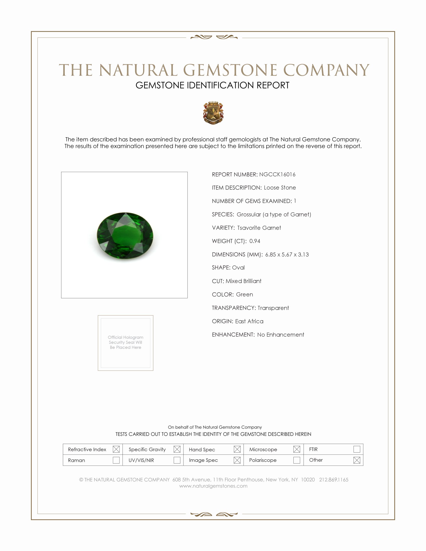 0.94 Ct. Tsavorite Garnet from East Africa