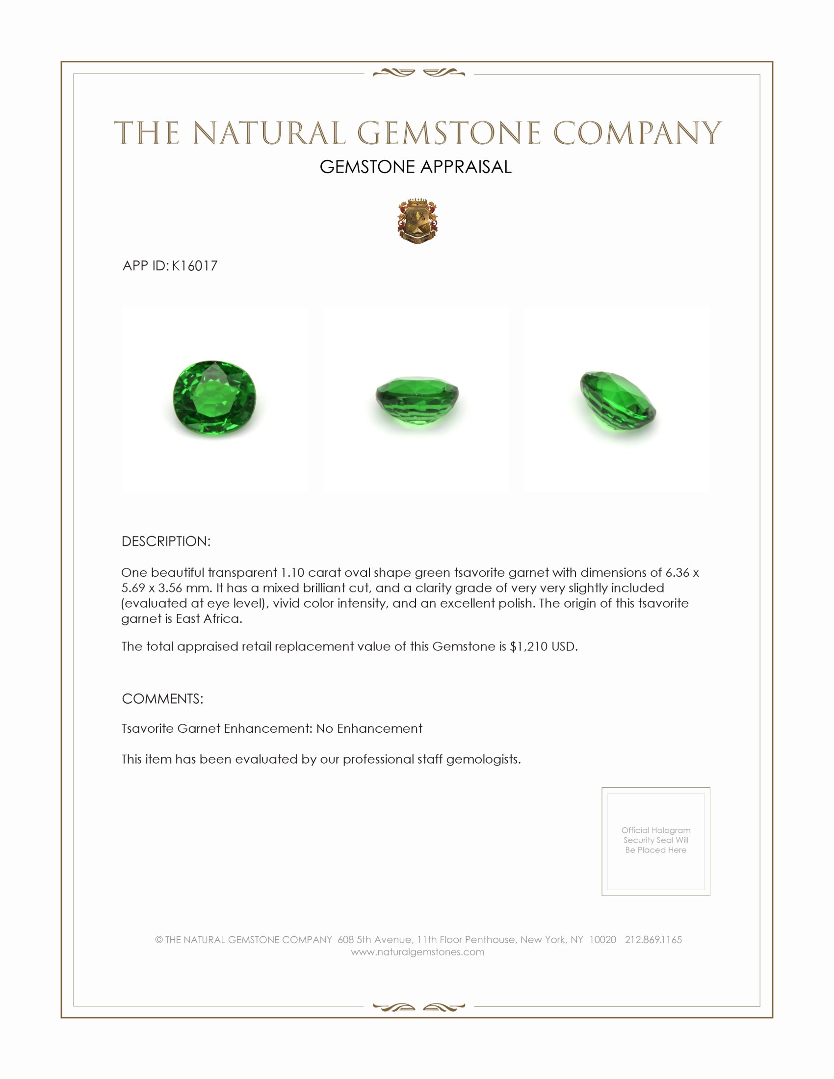 1.10 Ct. Tsavorite Garnet from East Africa
