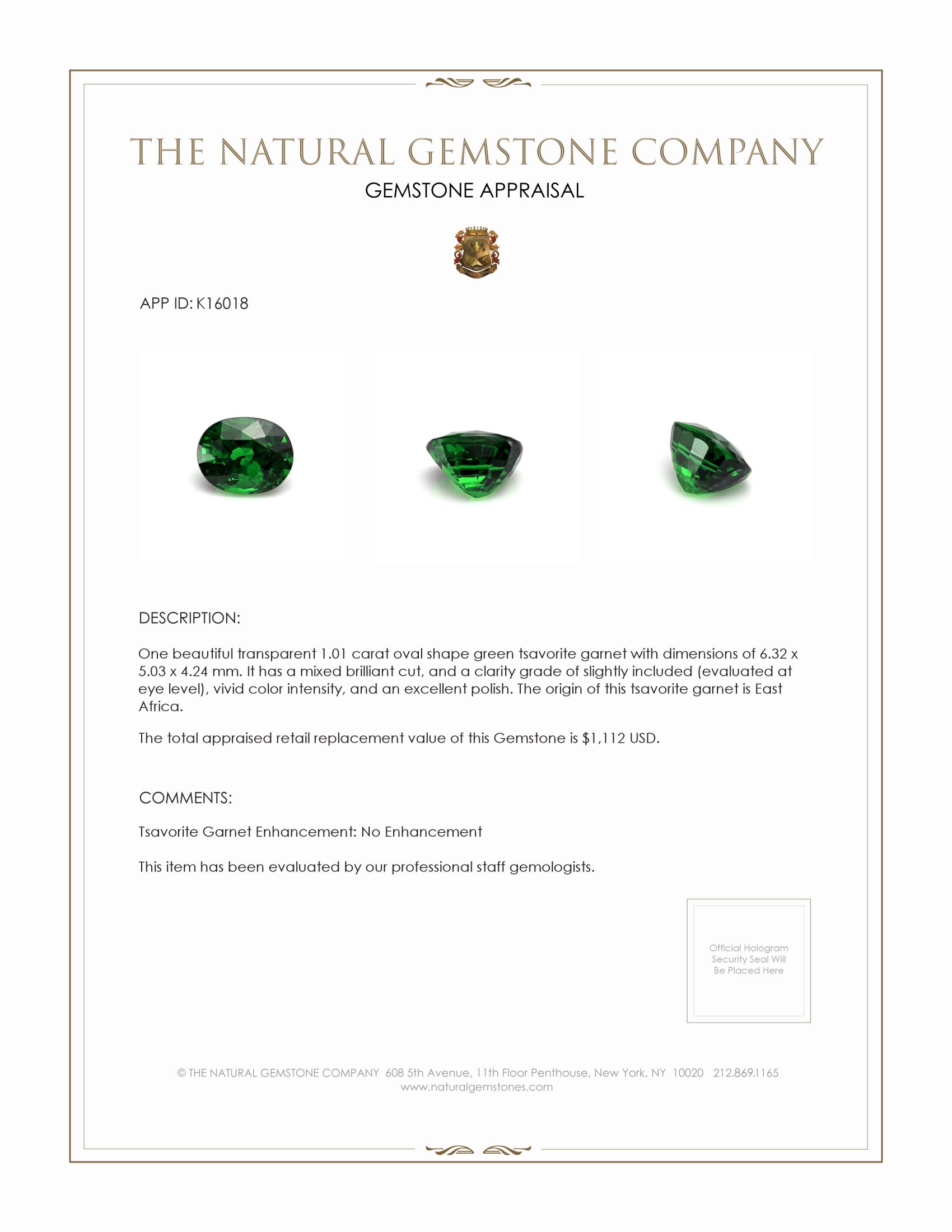 1.01 Ct. Tsavorite Garnet from East Africa