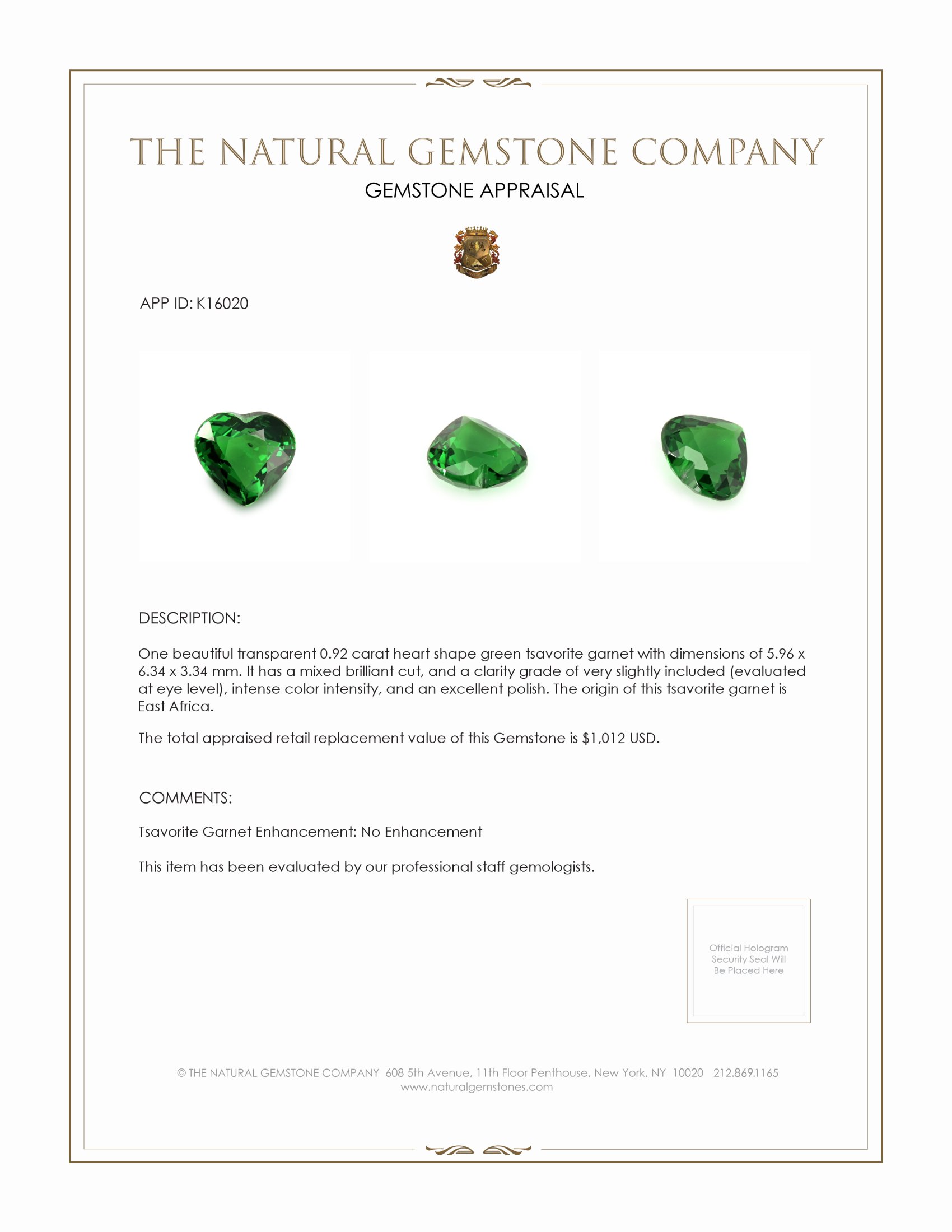 0.92 Ct. Tsavorite Garnet from East Africa