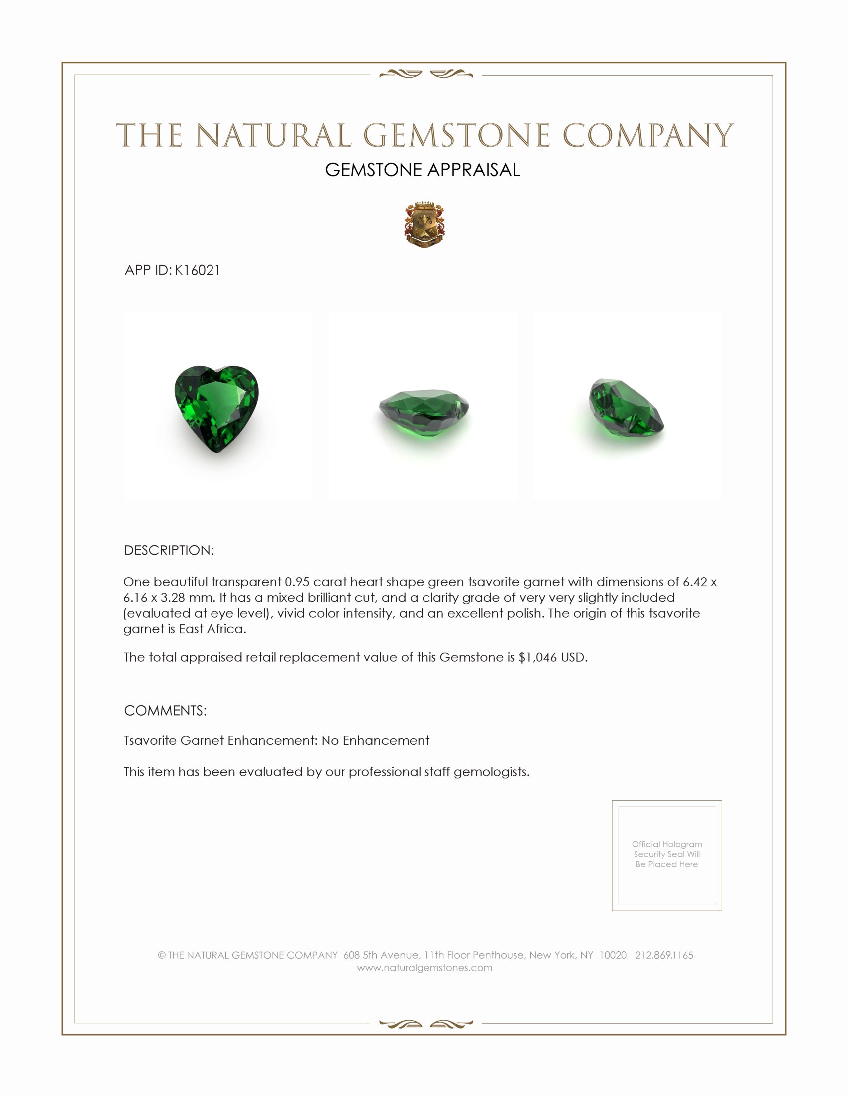 0.95 Ct. Tsavorite Garnet from East Africa